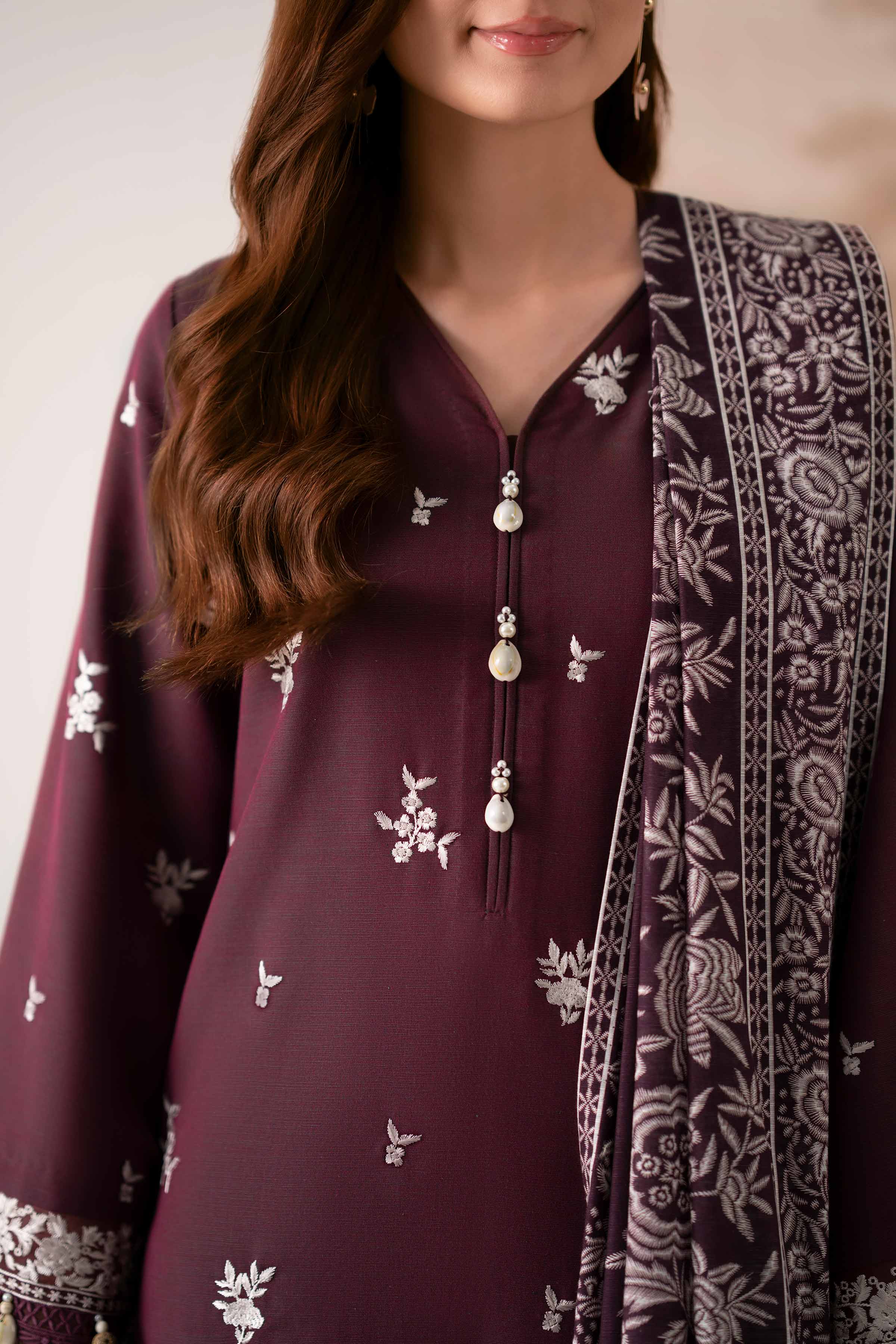 NISHATUAE - Maroon Embroidered Khaddar 3-piece Unstitched Suit