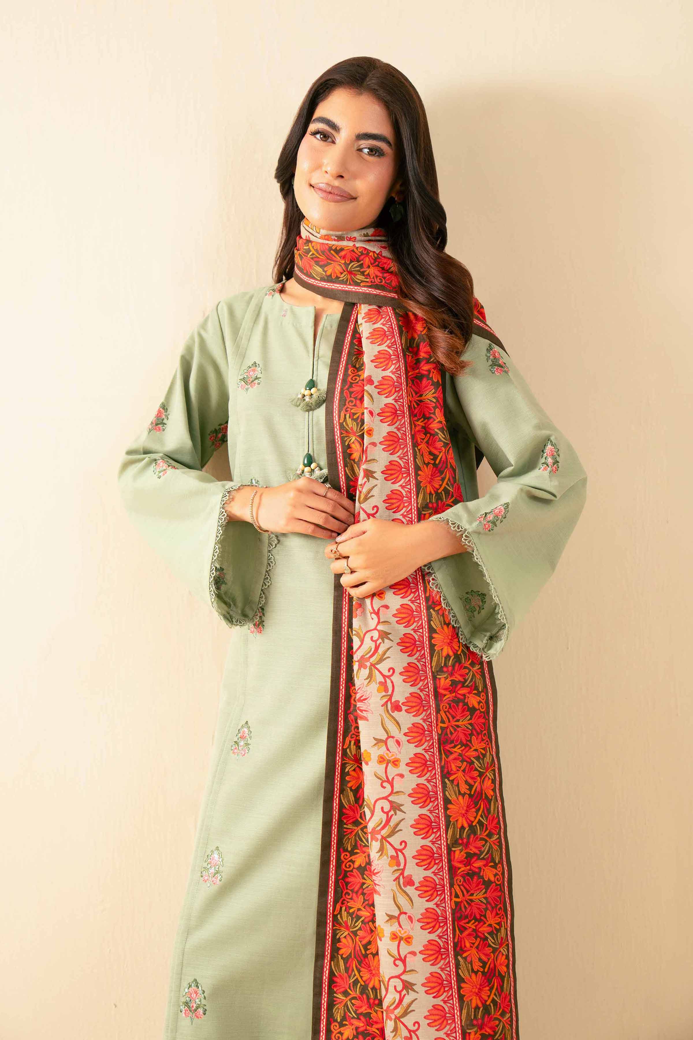 NISHATUAE - Green Embroidered Khaddar 3-piece Unstitched Suit