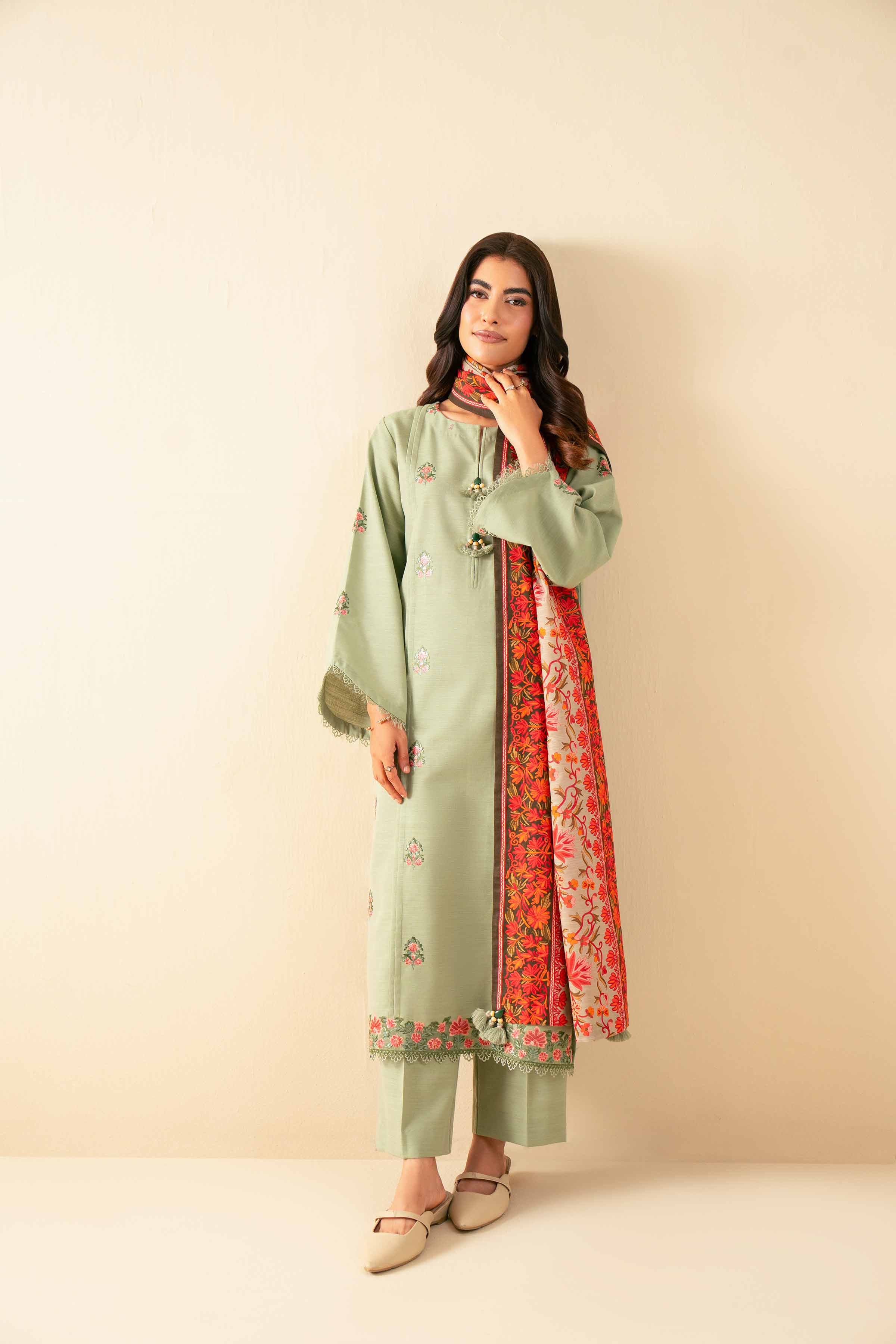 NISHATUAE - Green Embroidered Khaddar 3-piece Unstitched Suit