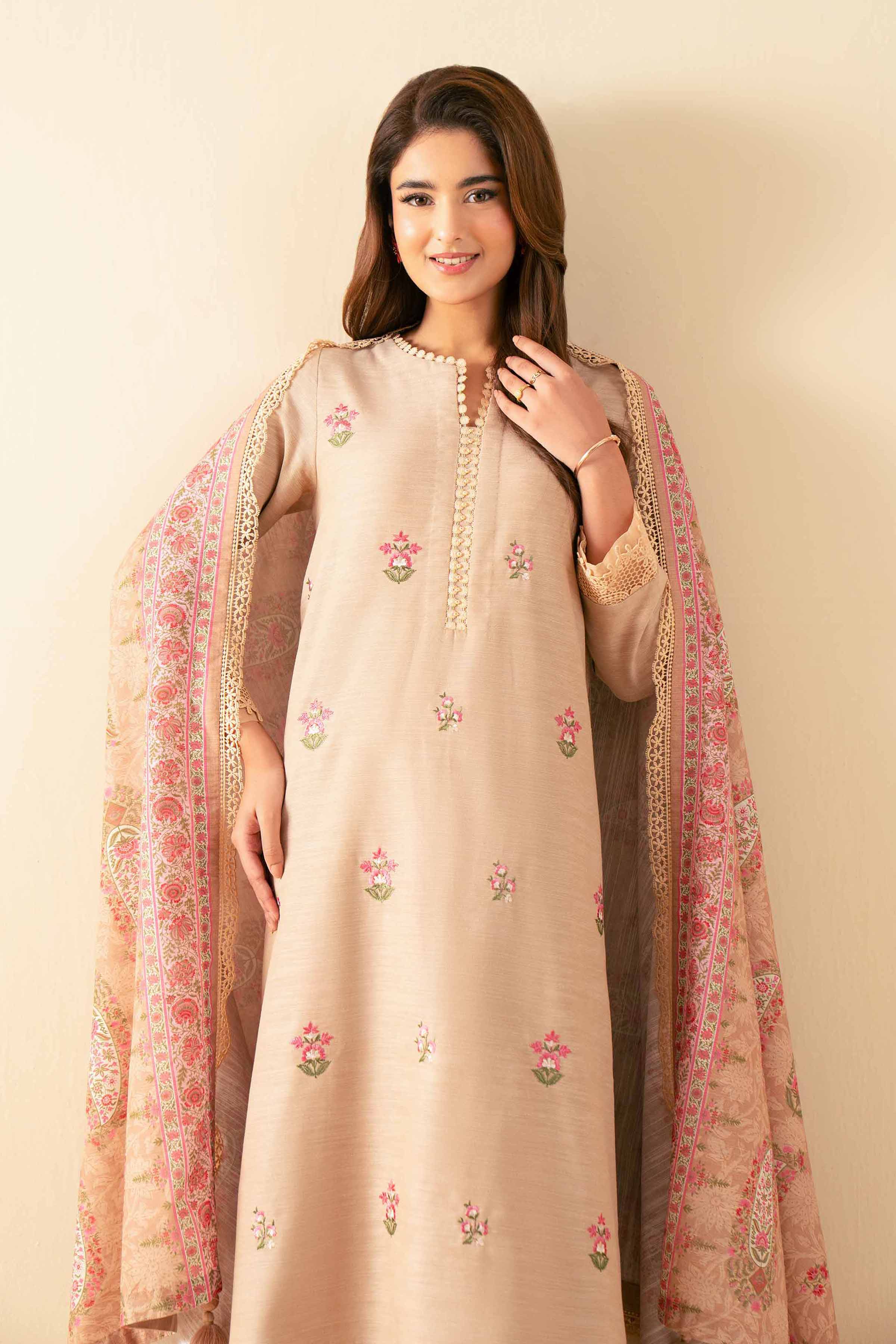 NISHATUAE - Beige Embroidered Khaddar 3-piece Unstitched Suit