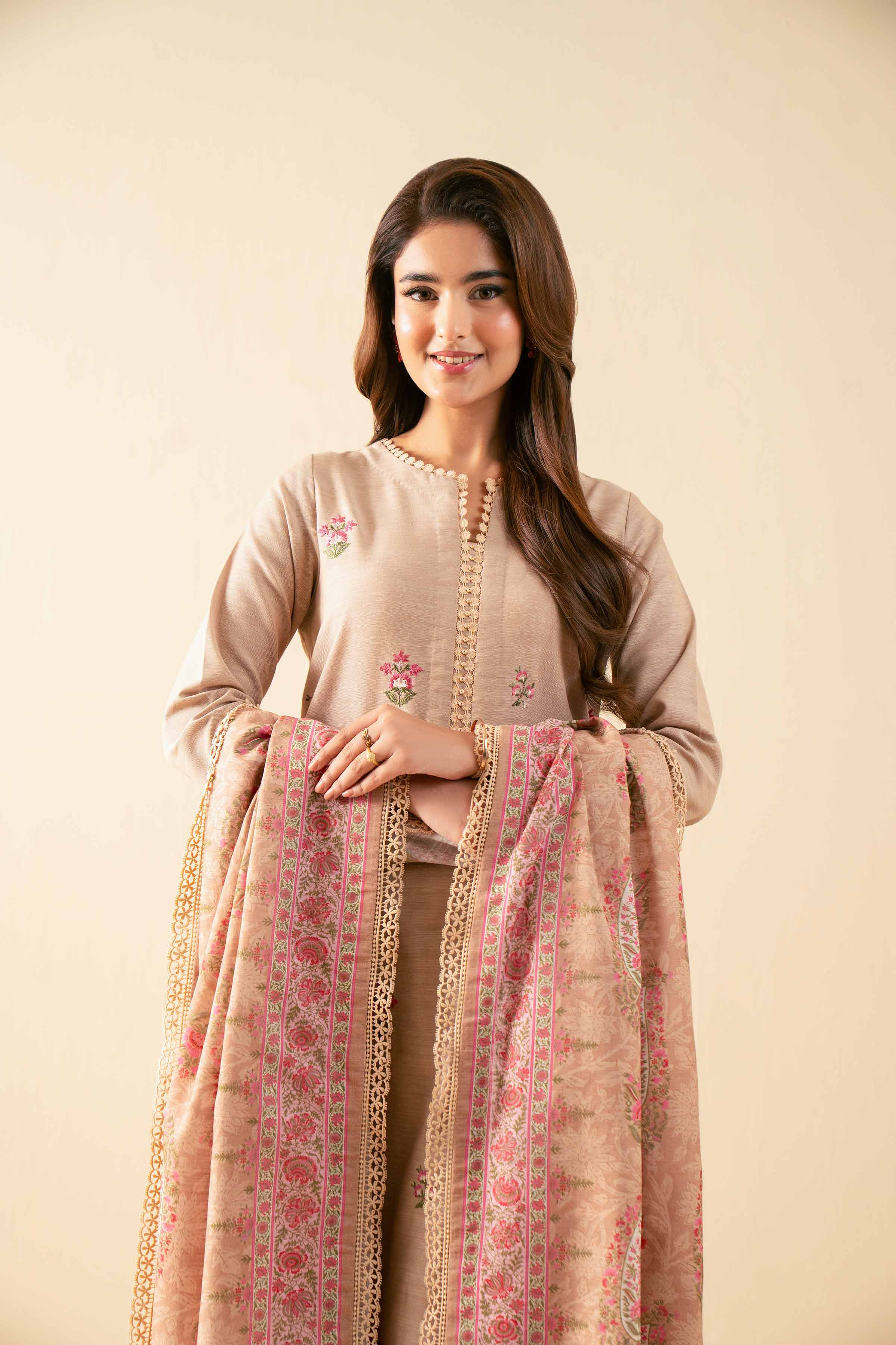 NISHATUAE - Beige Embroidered Khaddar 3-piece Unstitched Suit