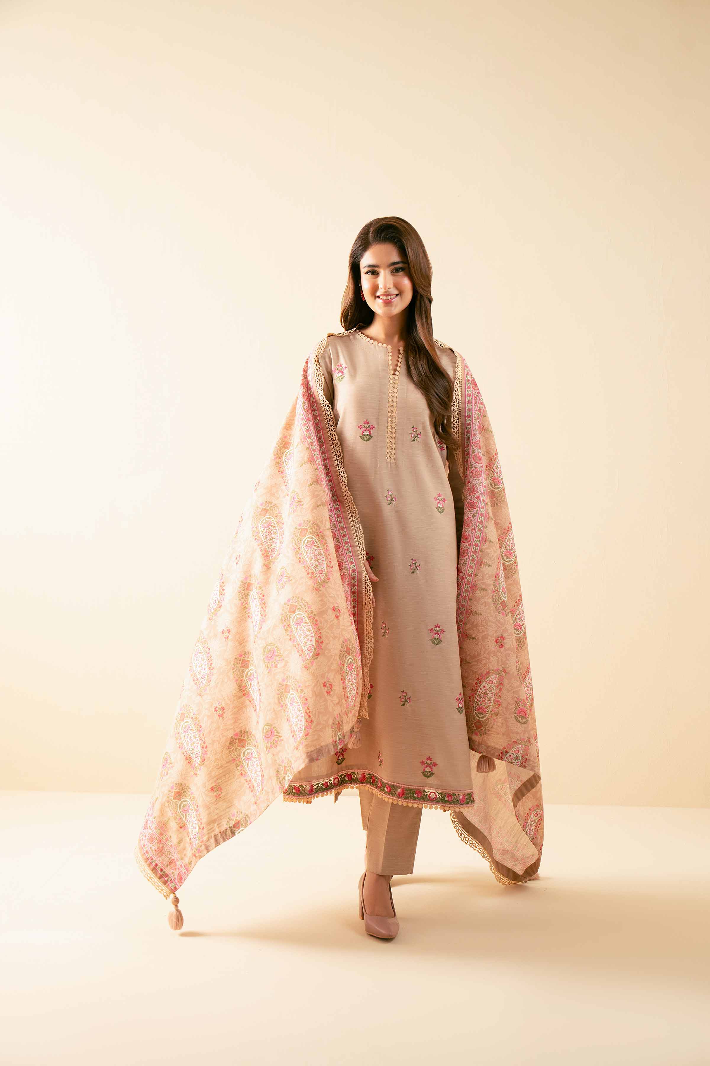 NISHATUAE - Beige Embroidered Khaddar 3-piece Unstitched Suit