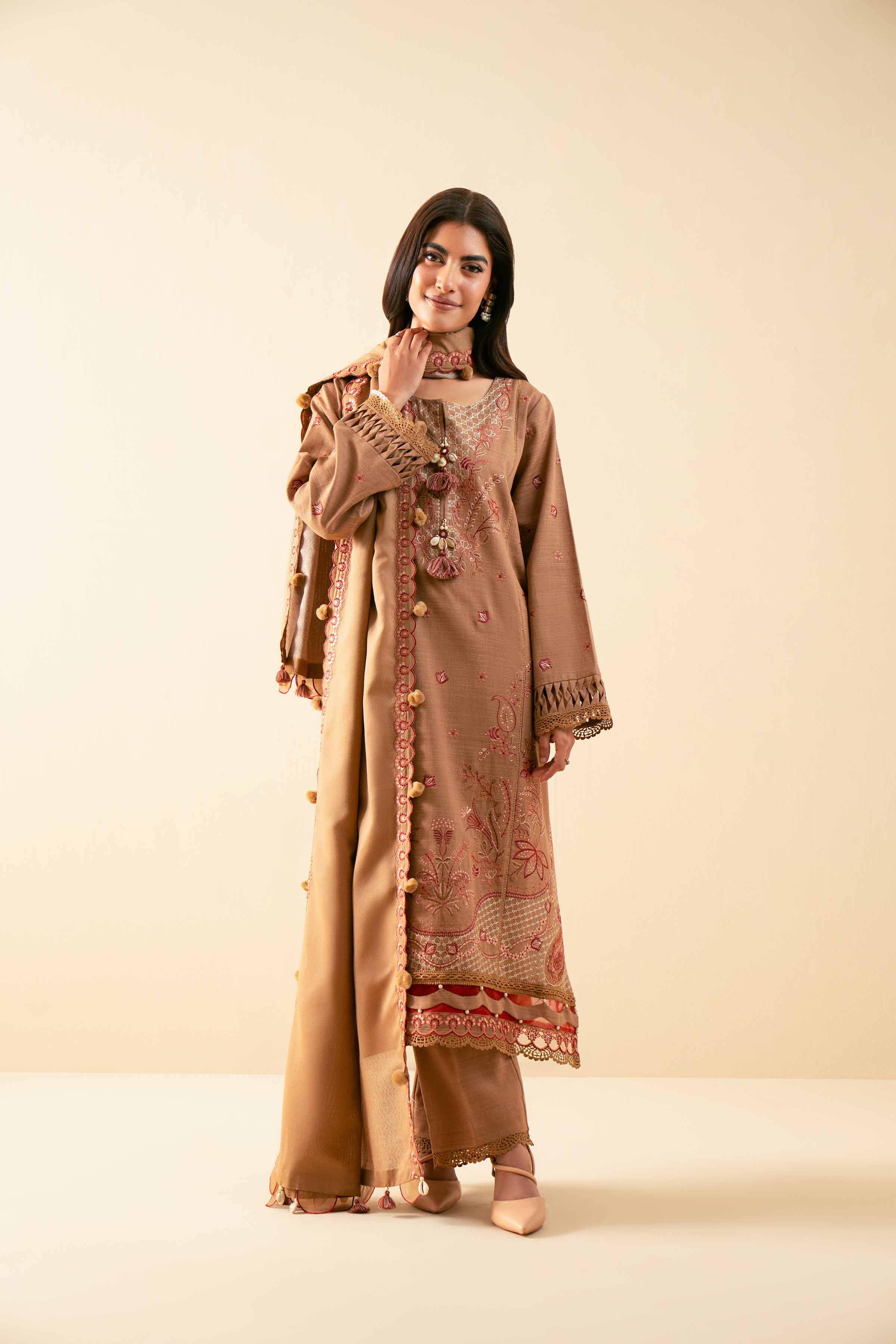 NISHATUAE - Beige Embroidered Khaddar 3-piece Unstitched Suit