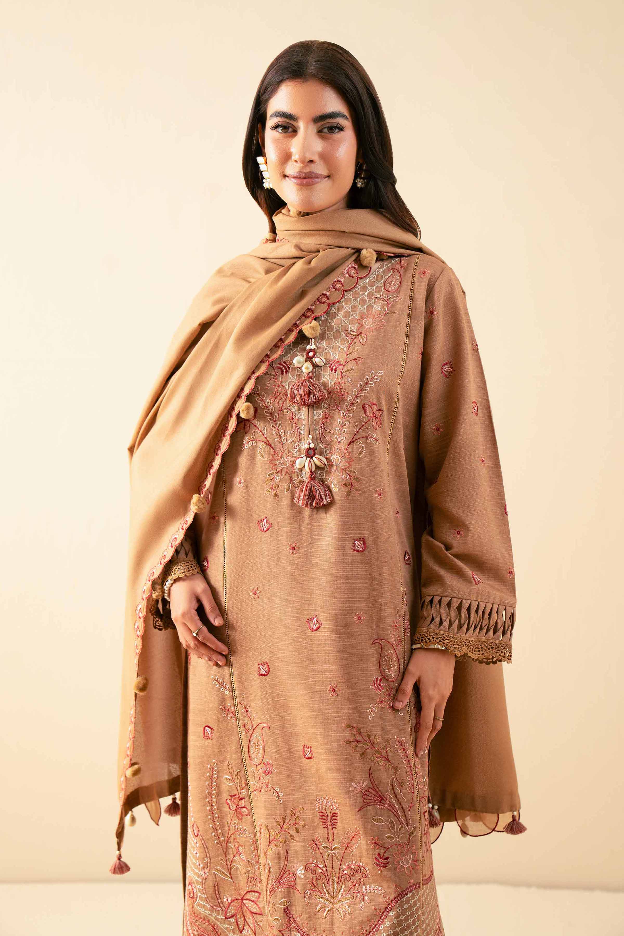 NISHATUAE - Beige Embroidered Khaddar 3-piece Unstitched Suit