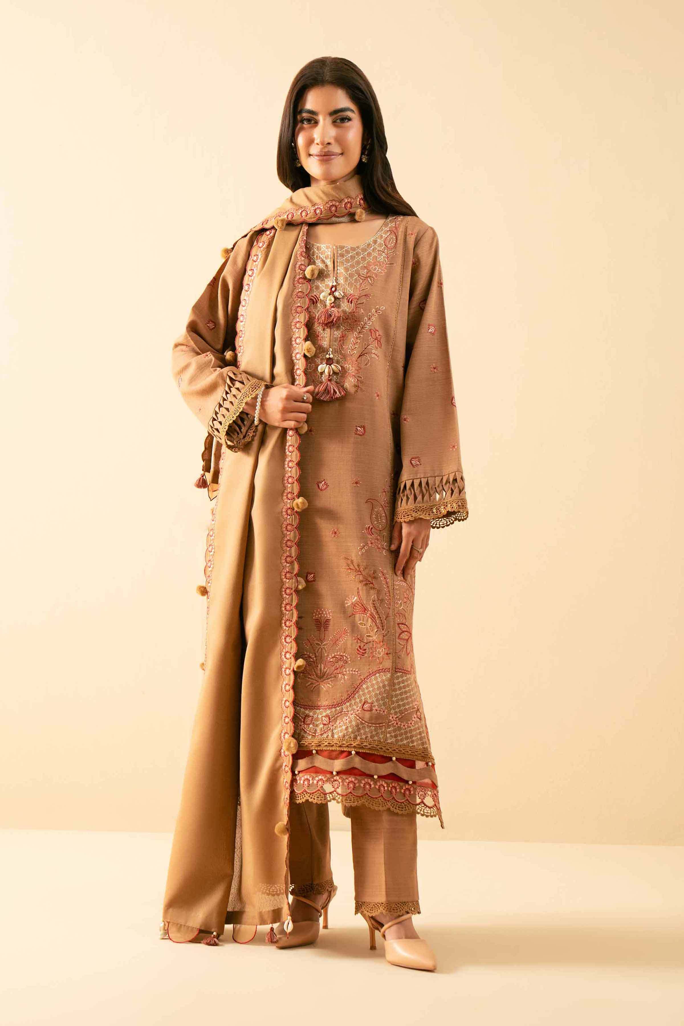 NISHATUAE - Beige Embroidered Khaddar 3-piece Unstitched Suit