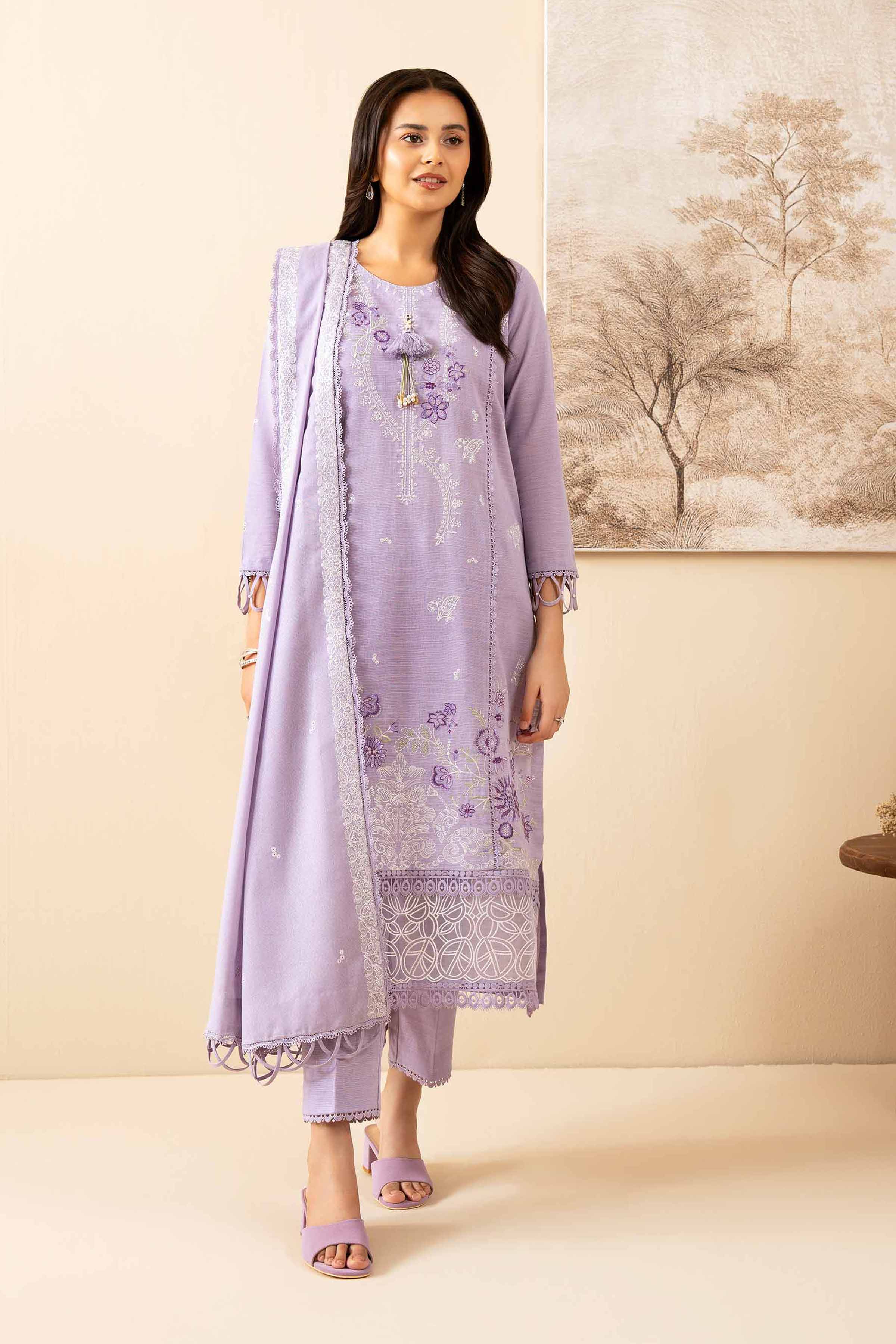 NISHATUAE - Purple Embroidered Khaddar 3-piece Unstitched Suit