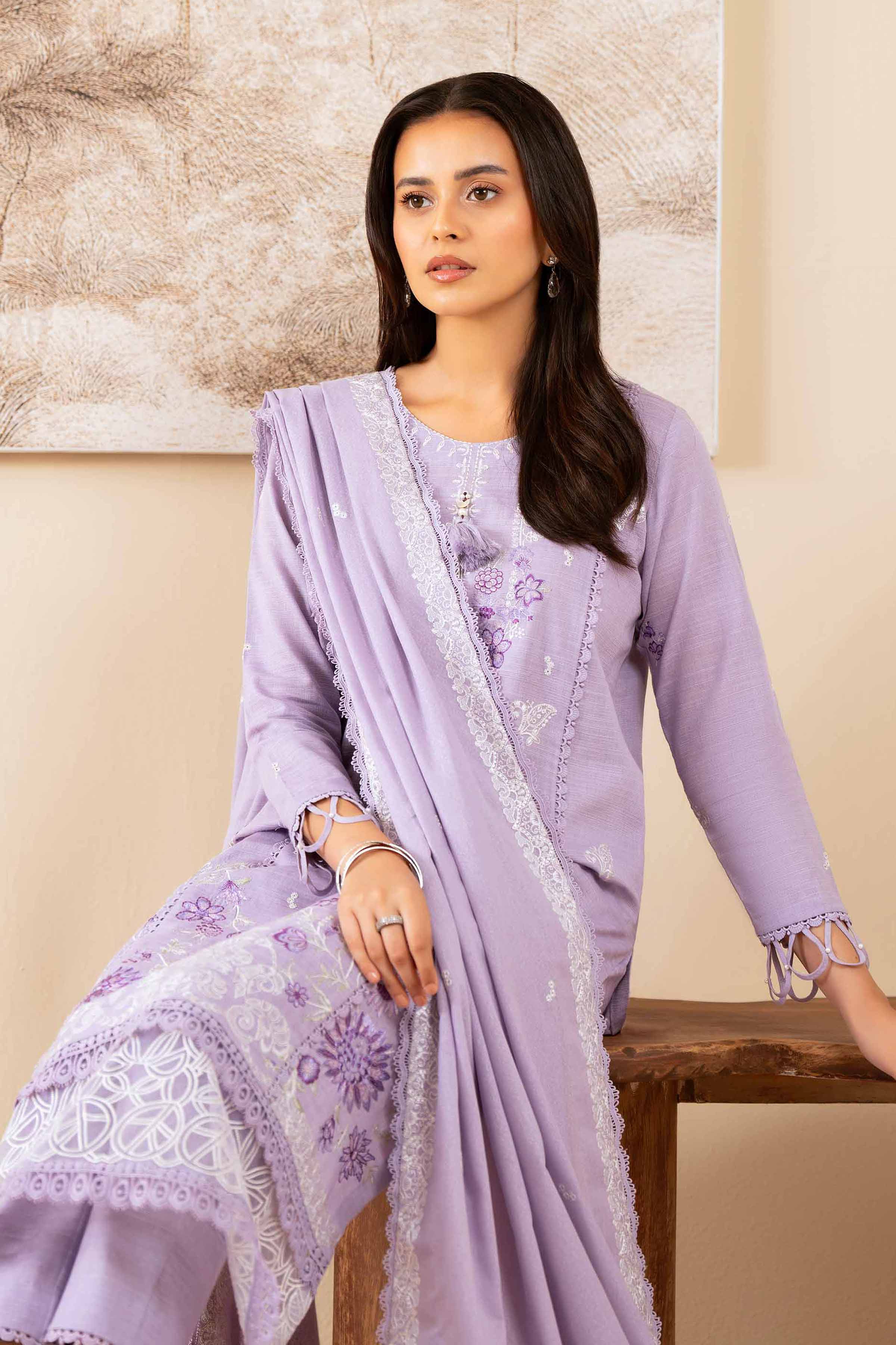 NISHATUAE - Purple Embroidered Khaddar 3-piece Unstitched Suit