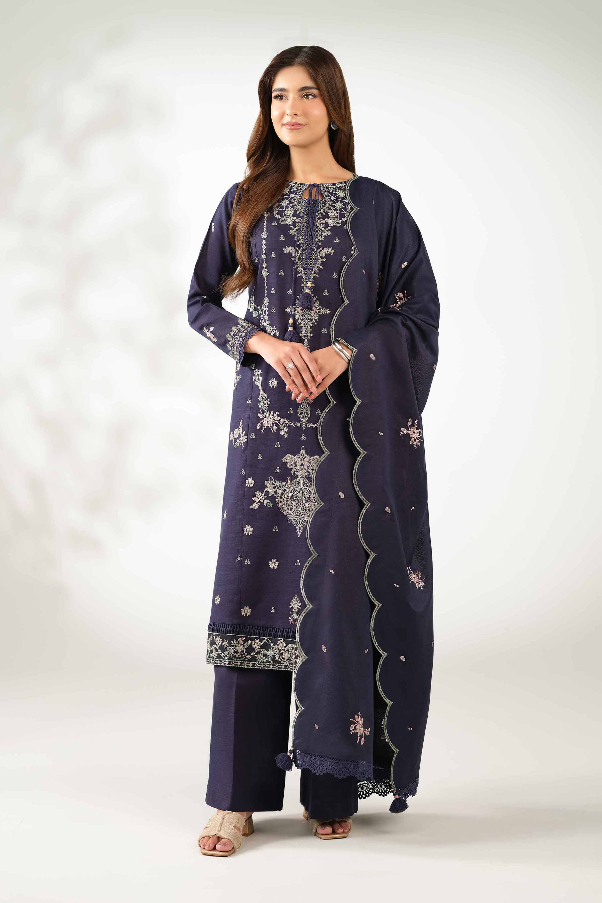 NISHATUAE - Blue Embroidered Khaddar 3-piece Unstitched Suit