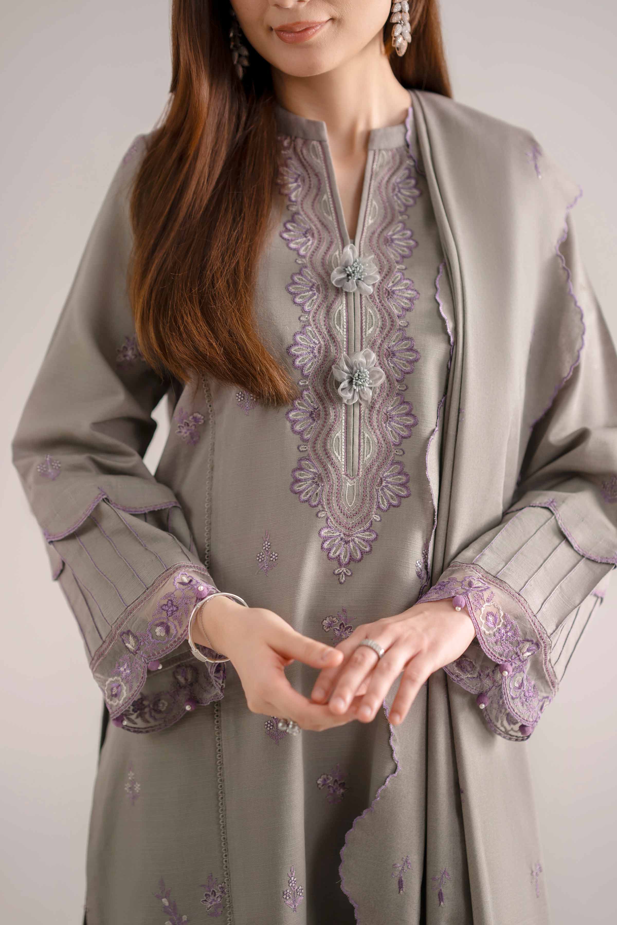 NISHATUAE - Grey Embroidered Khaddar 3-piece Unstitched Suit