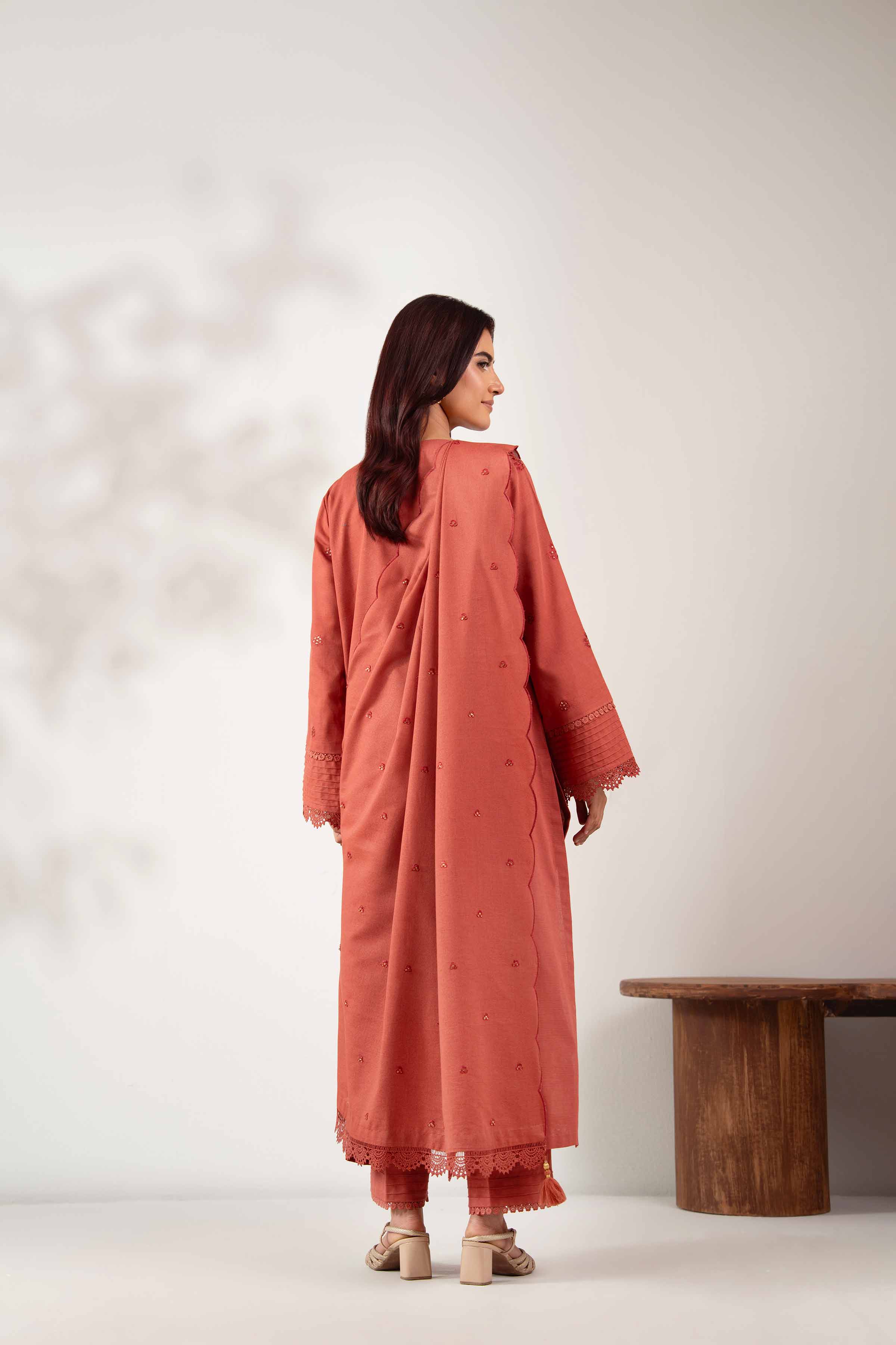 NISHATUAE - Rust Embroidered Khaddar 3-piece Unstitched Suit