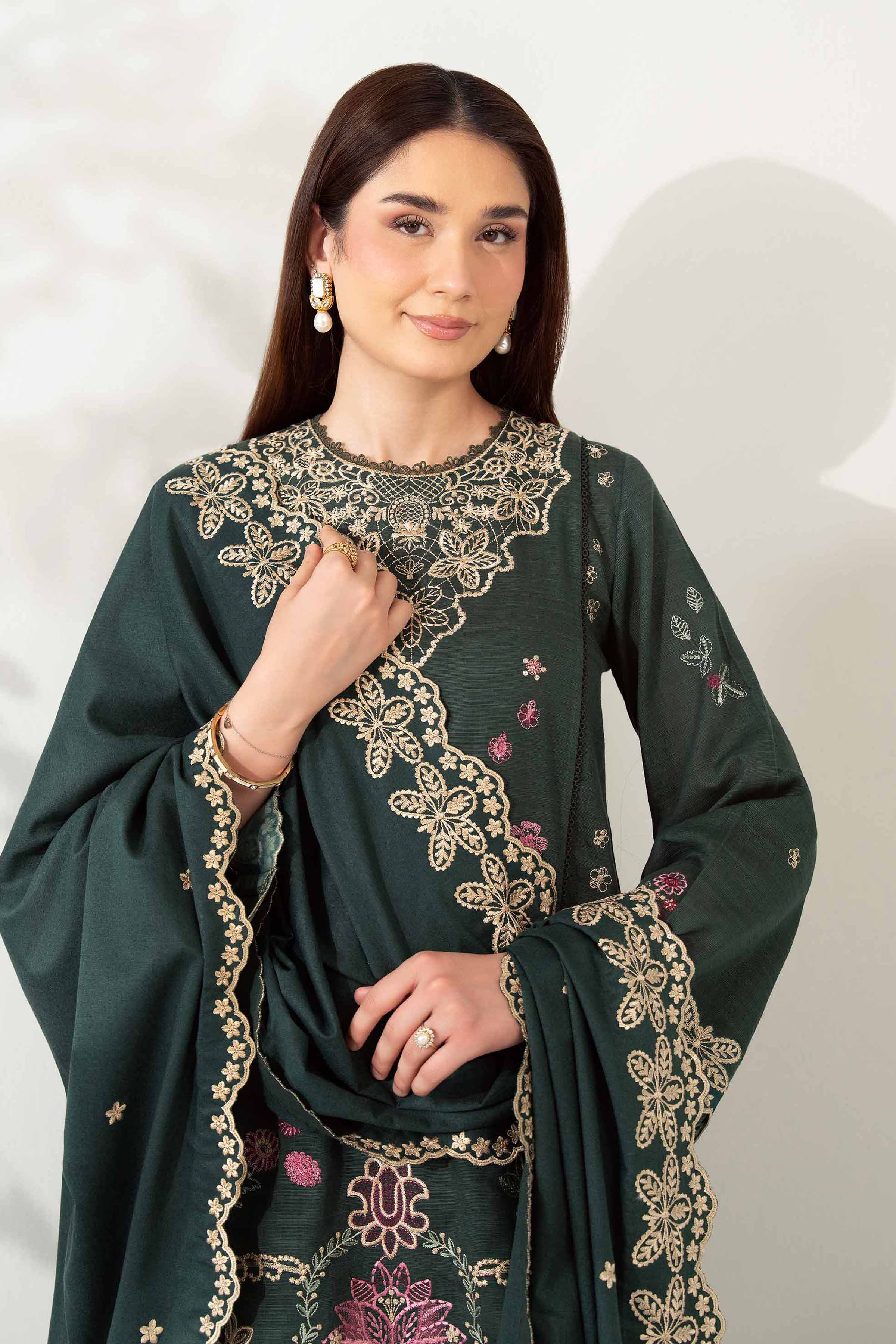 NISHATUAE - Green Embroidered Khaddar 3-piece Unstitched Suit