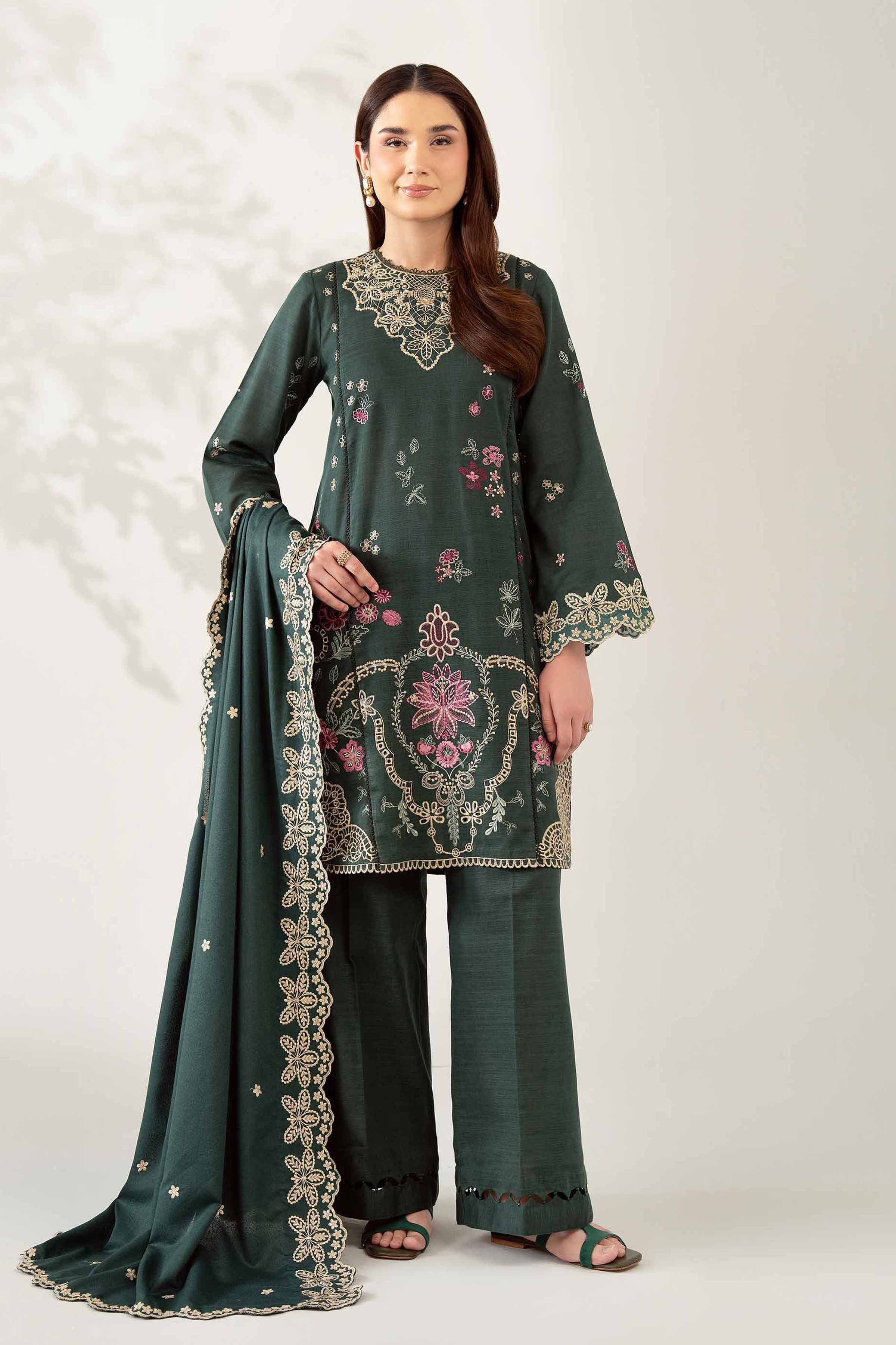 NISHATUAE - Green Embroidered Khaddar 3-piece Unstitched Suit