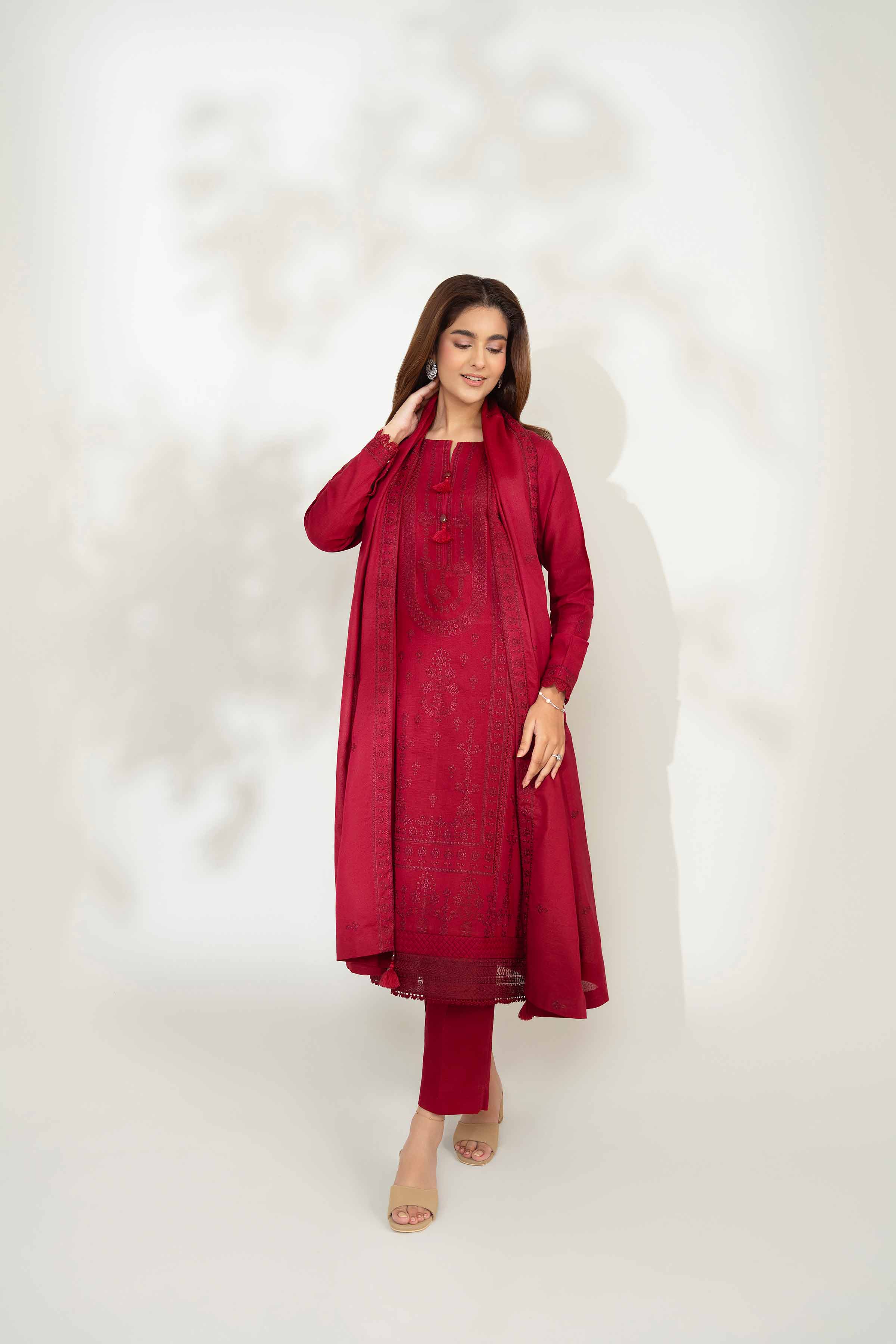 NISHATUAE - Red Embroidered Khaddar 3-piece Unstitched Suit