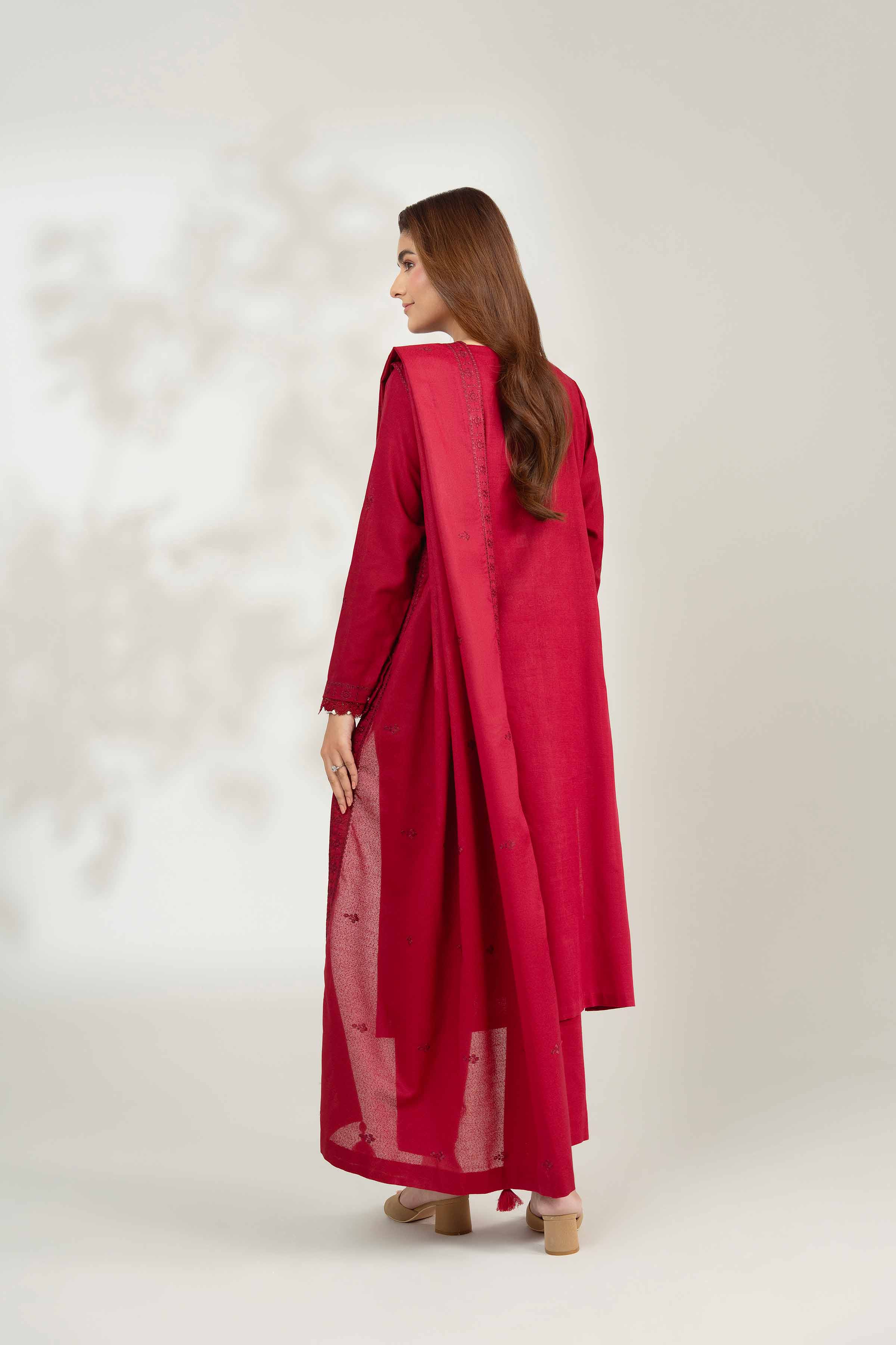 NISHATUAE - Red Embroidered Khaddar 3-piece Unstitched Suit