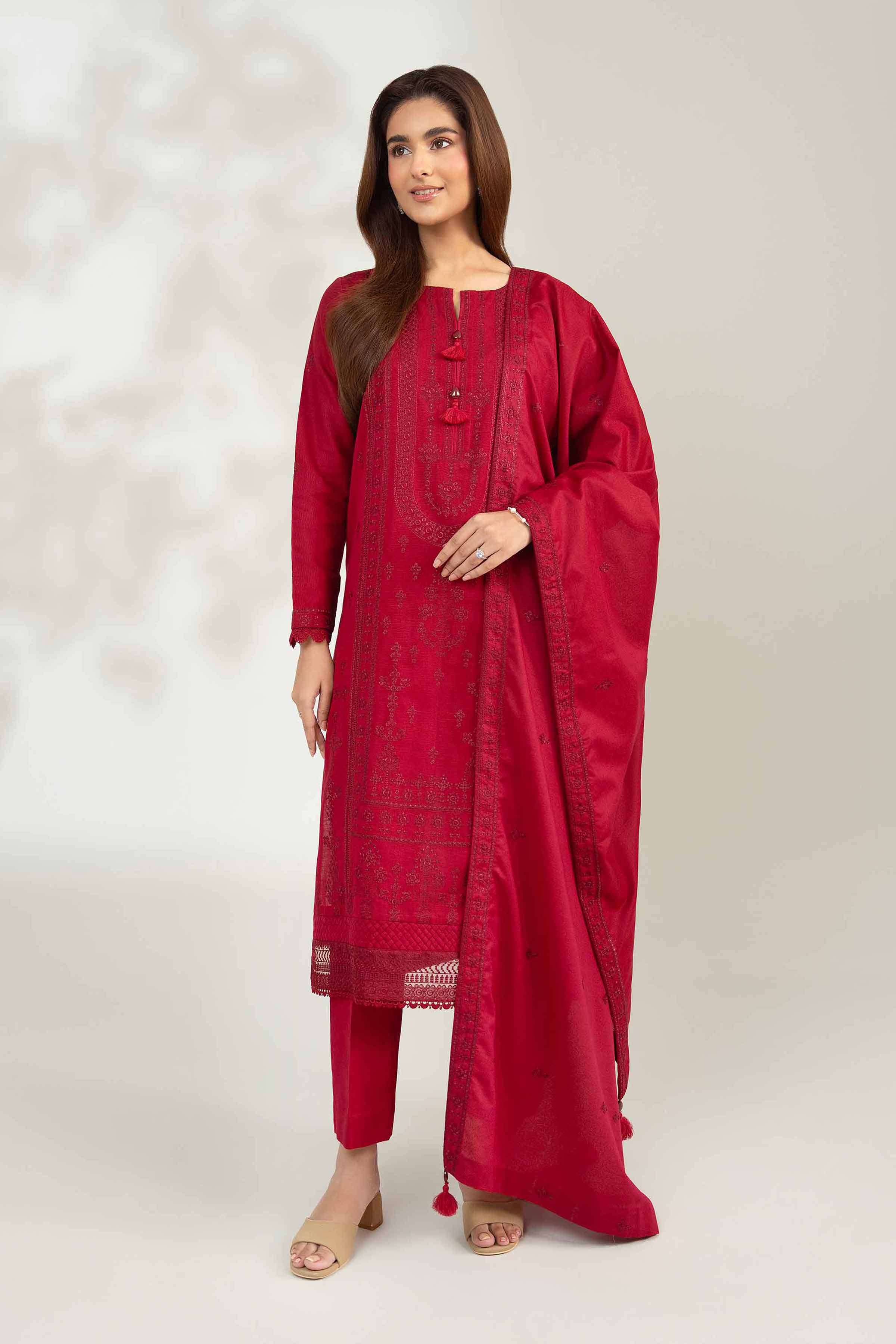 NISHATUAE - Red Embroidered Khaddar 3-piece Unstitched Suit