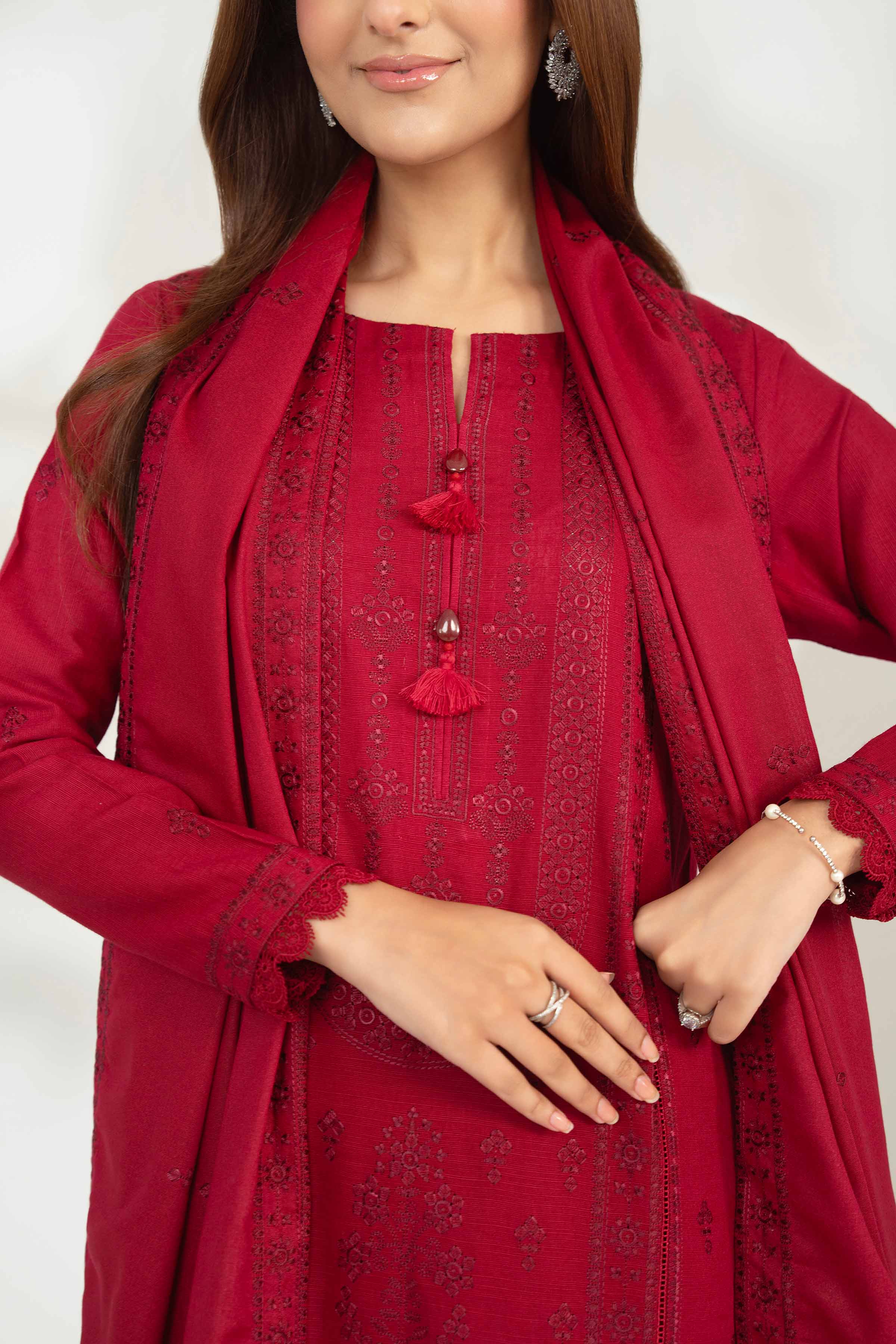 NISHATUAE - Red Embroidered Khaddar 3-piece Unstitched Suit