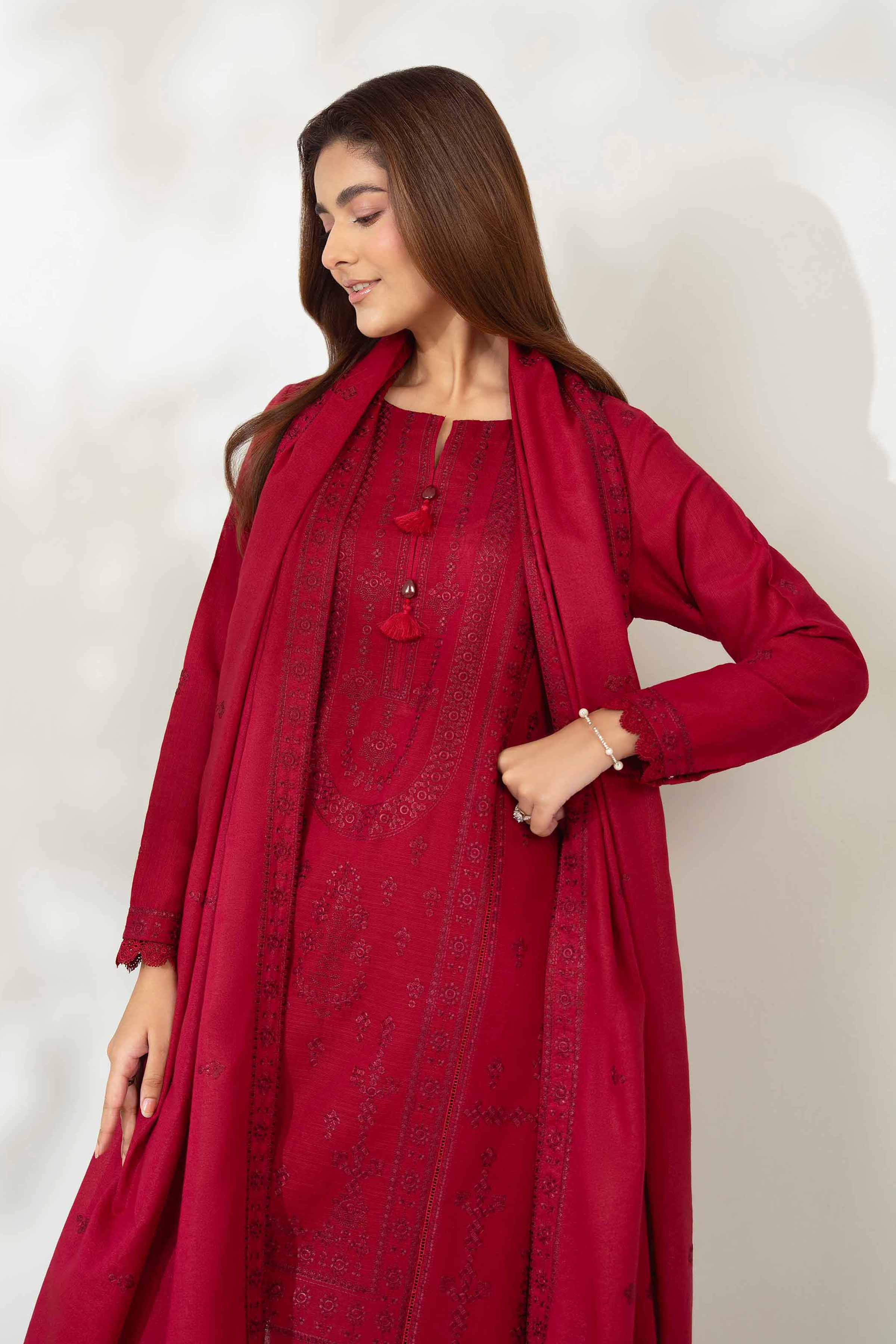 NISHATUAE - Red Embroidered Khaddar 3-piece Unstitched Suit
