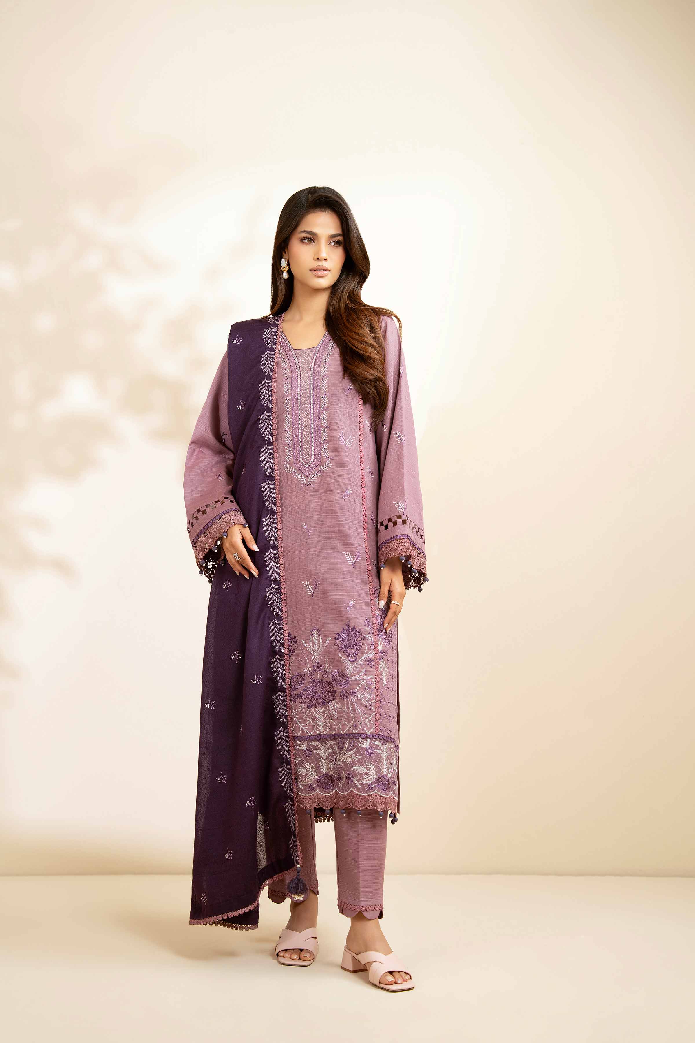 NISHATUAE - Mauve Embroidered Khaddar 3-piece Unstitched Suit