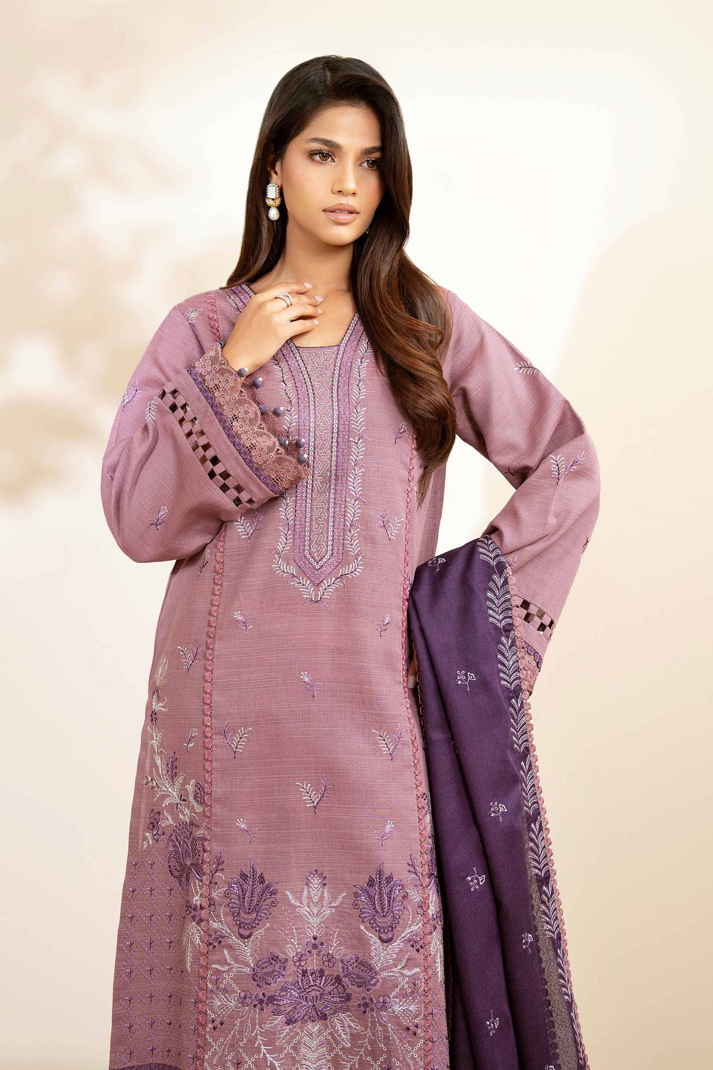 NISHATUAE - Mauve Embroidered Khaddar 3-piece Unstitched Suit