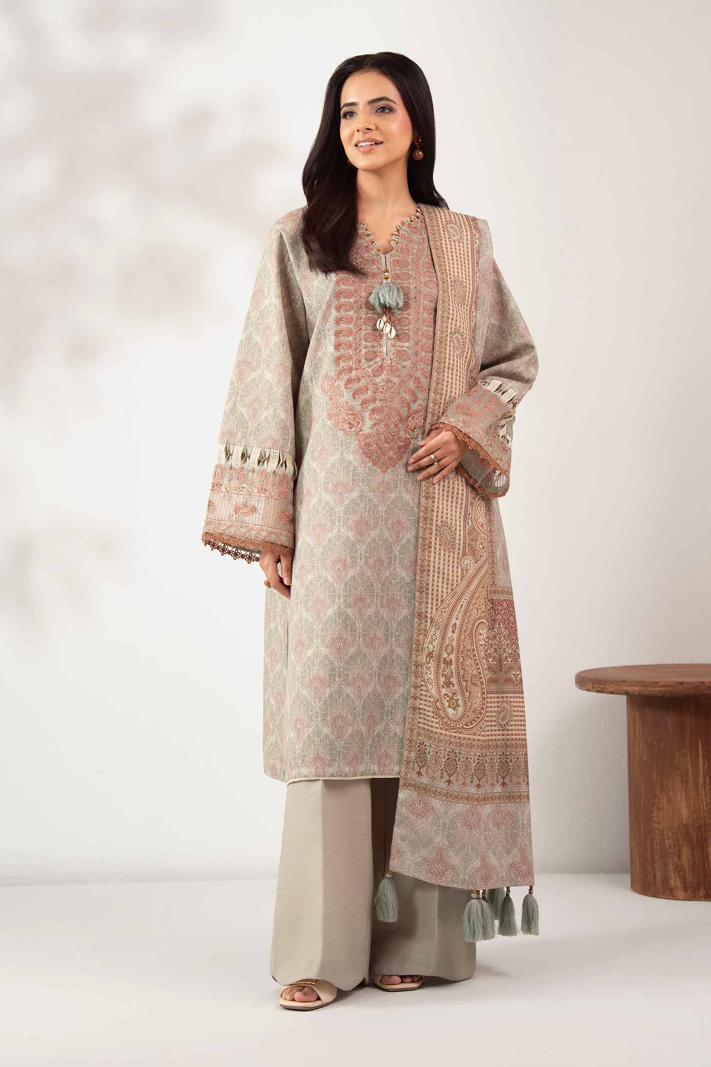 NISHATUAE - Green Embroidered Khaddar 3-piece Unstitched Suit