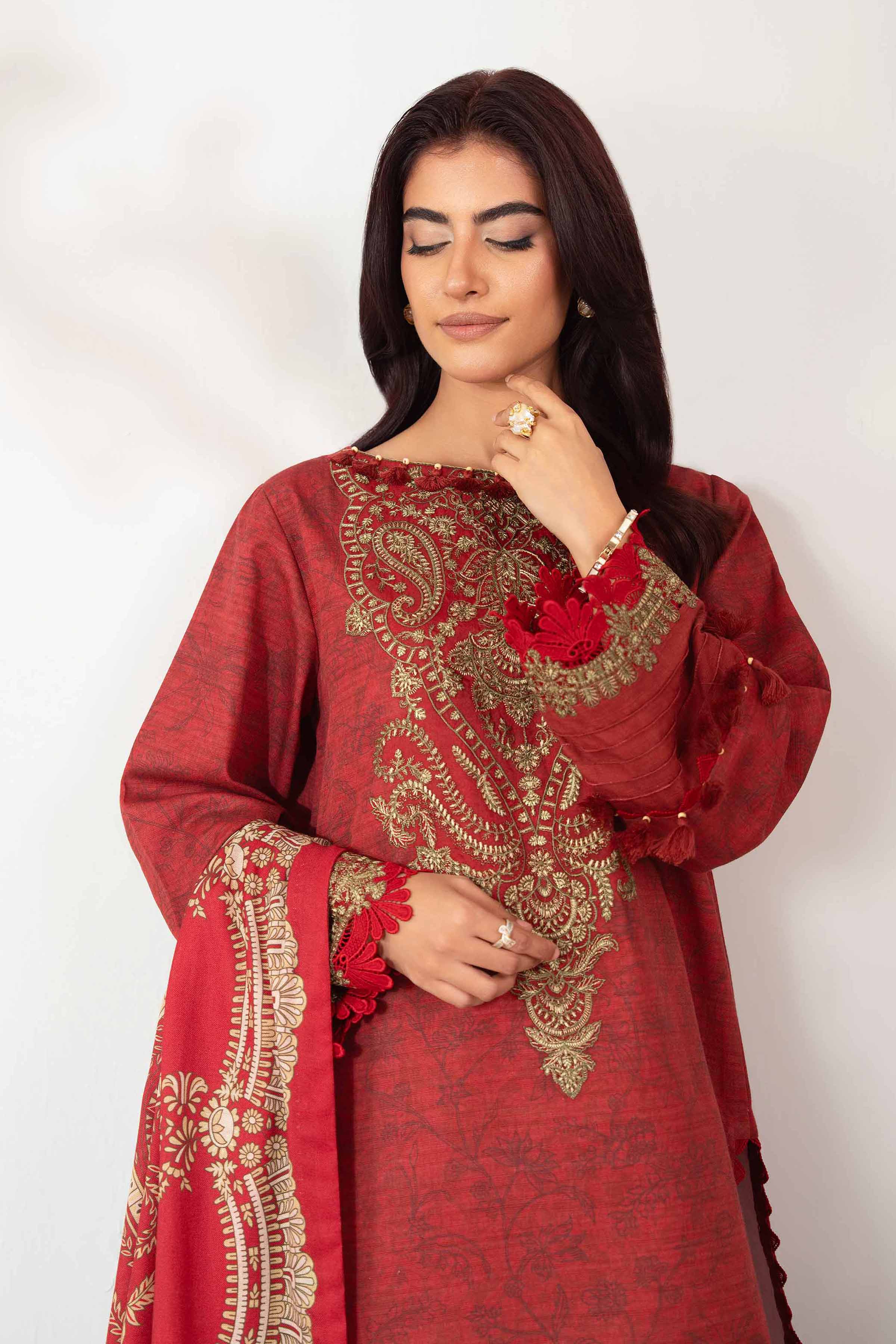 NISHATUAE - Maroon Embroidered Khaddar 3-piece Unstitched Suit
