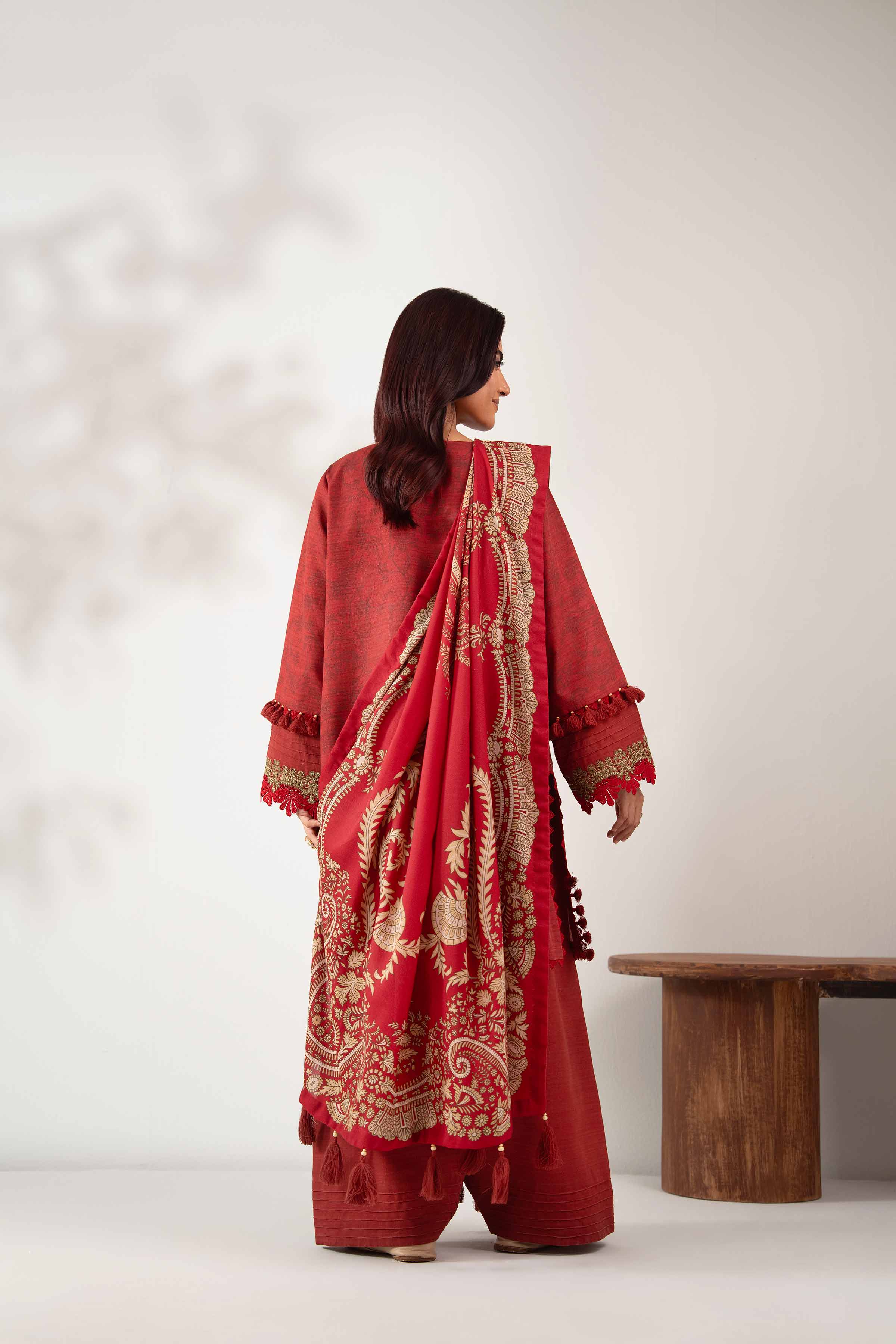 NISHATUAE - Maroon Embroidered Khaddar 3-piece Unstitched Suit