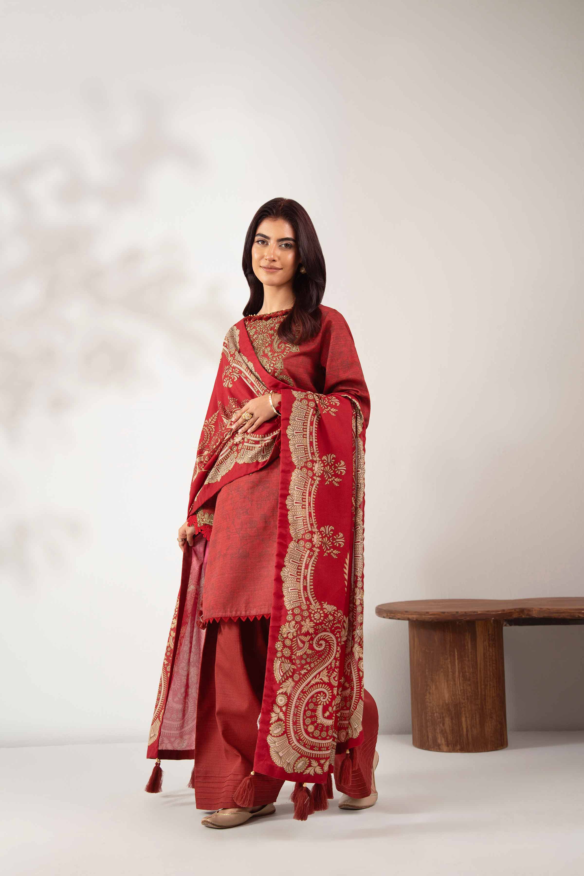 NISHATUAE - Maroon Embroidered Khaddar 3-piece Unstitched Suit