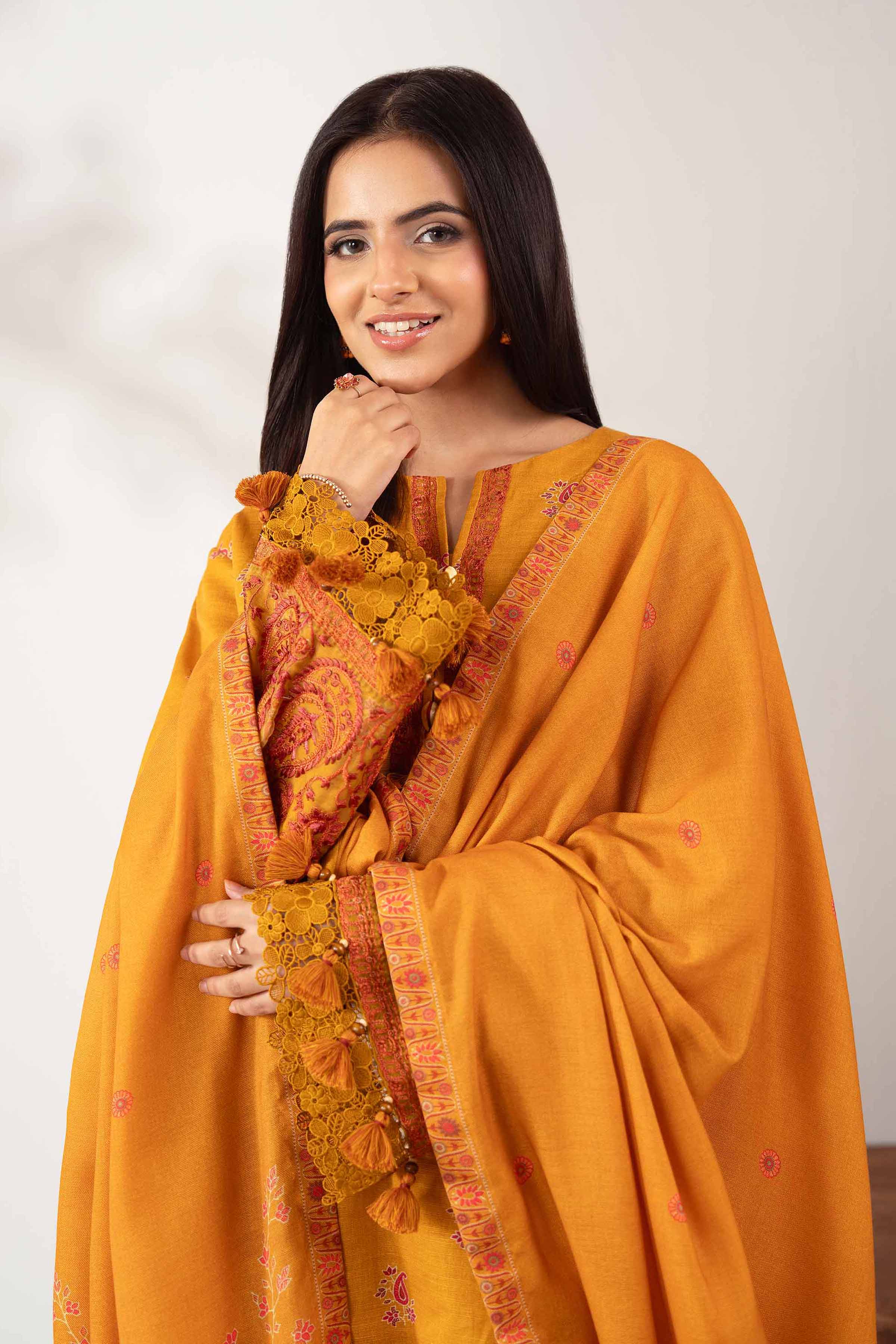 NISHATUAE - Mustard Embroidered Khaddar 3-piece Unstitched Suit