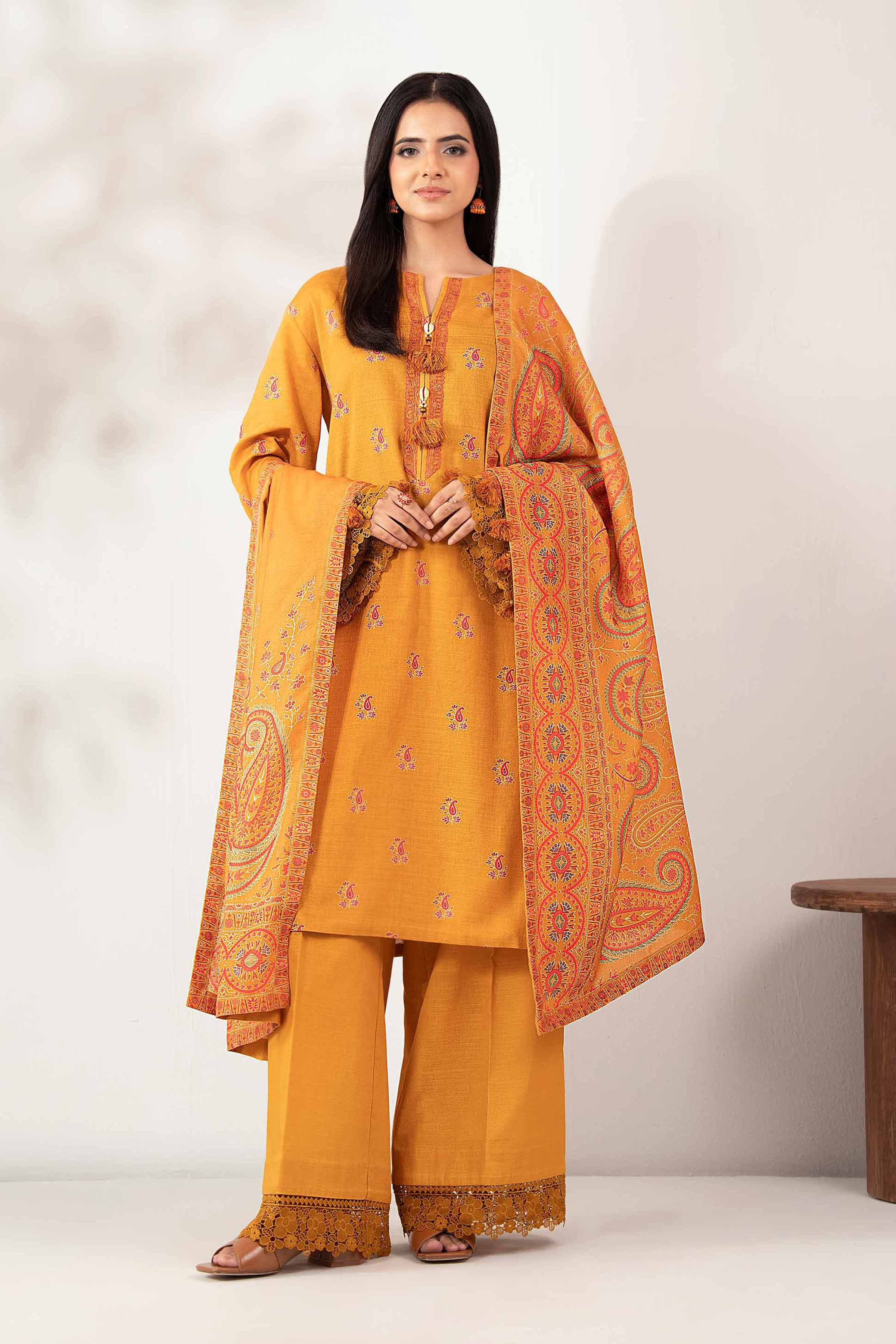 NISHATUAE - Mustard Embroidered Khaddar 3-piece Unstitched Suit