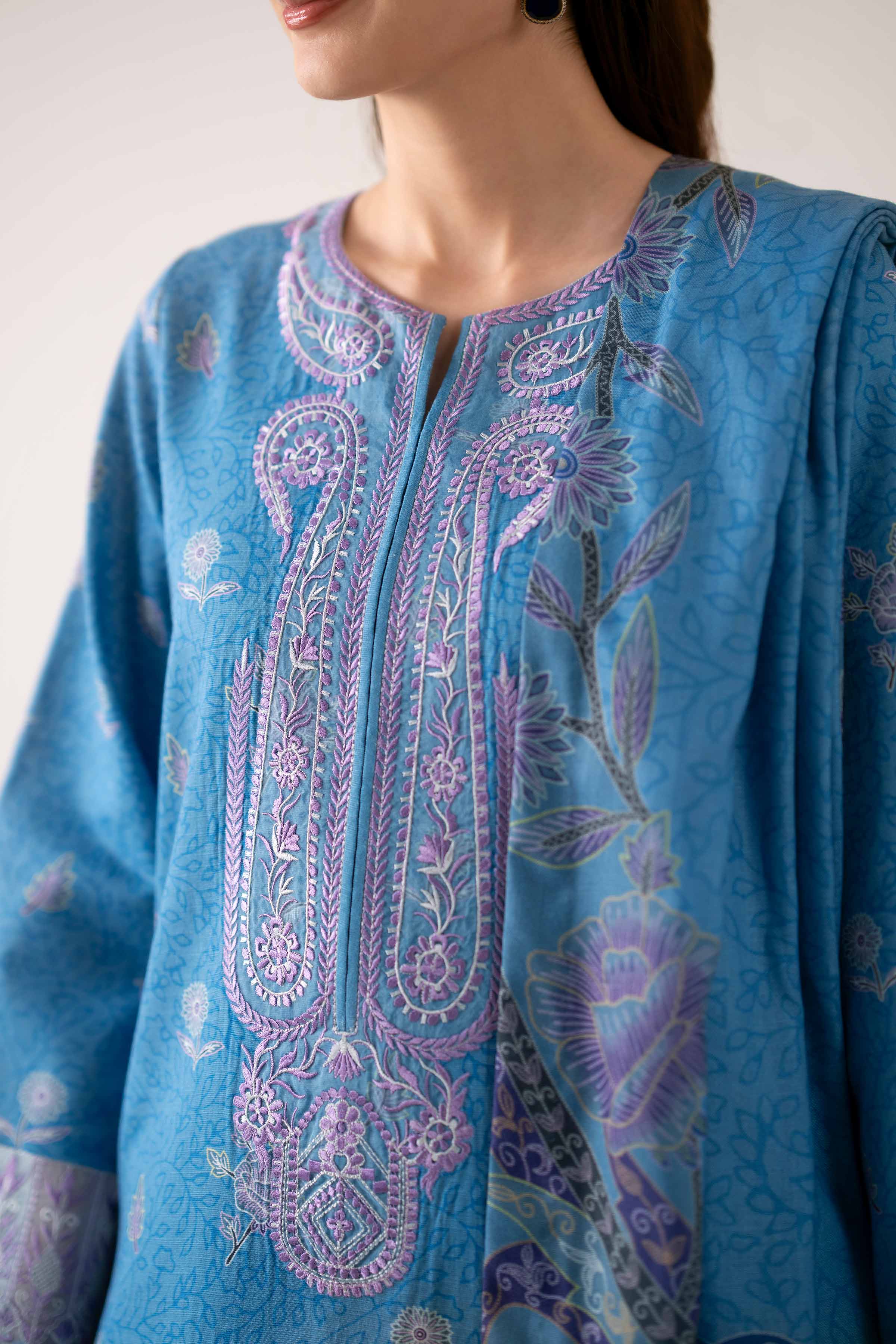 NISHATUAE - Blue Embroidered Khaddar 3-piece Unstitched Suit