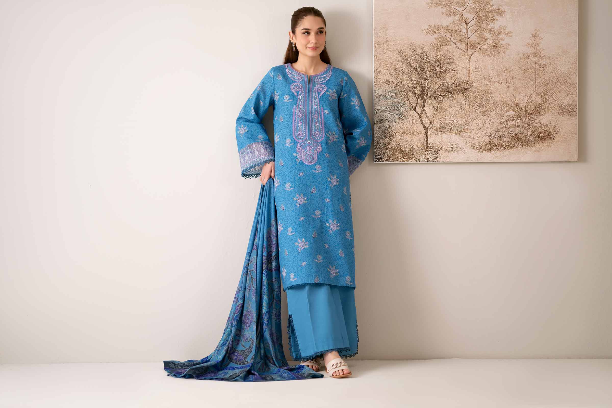 NISHATUAE - Blue Embroidered Khaddar 3-piece Unstitched Suit