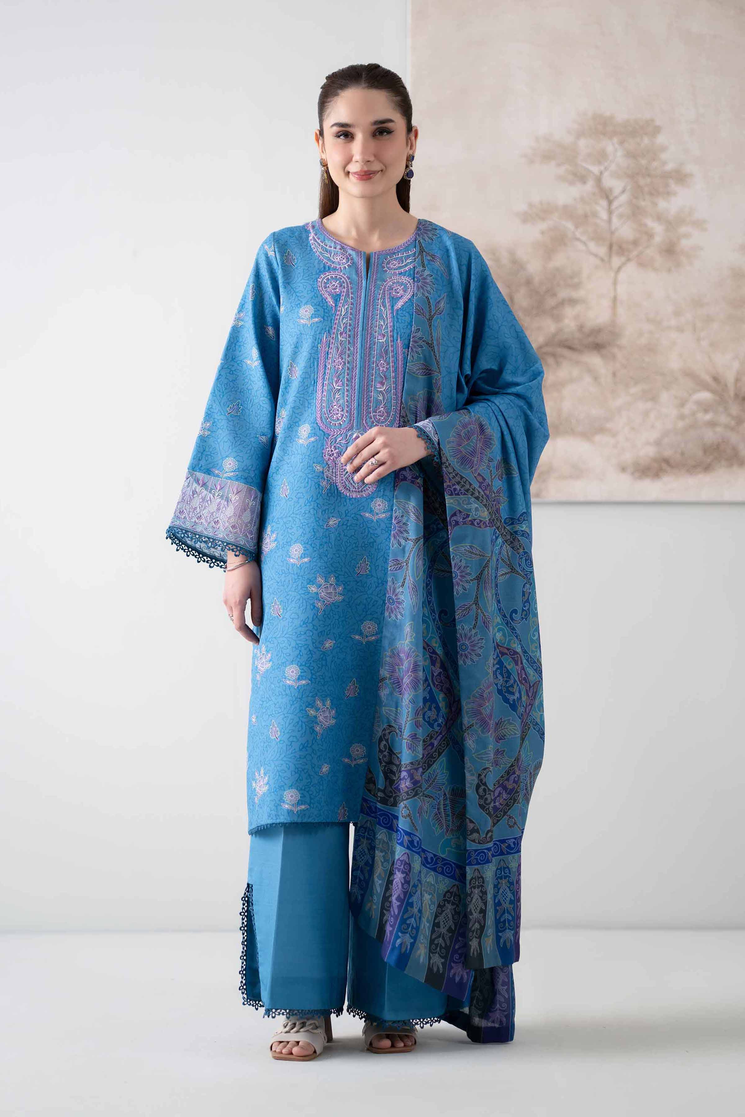 NISHATUAE - Blue Embroidered Khaddar 3-piece Unstitched Suit