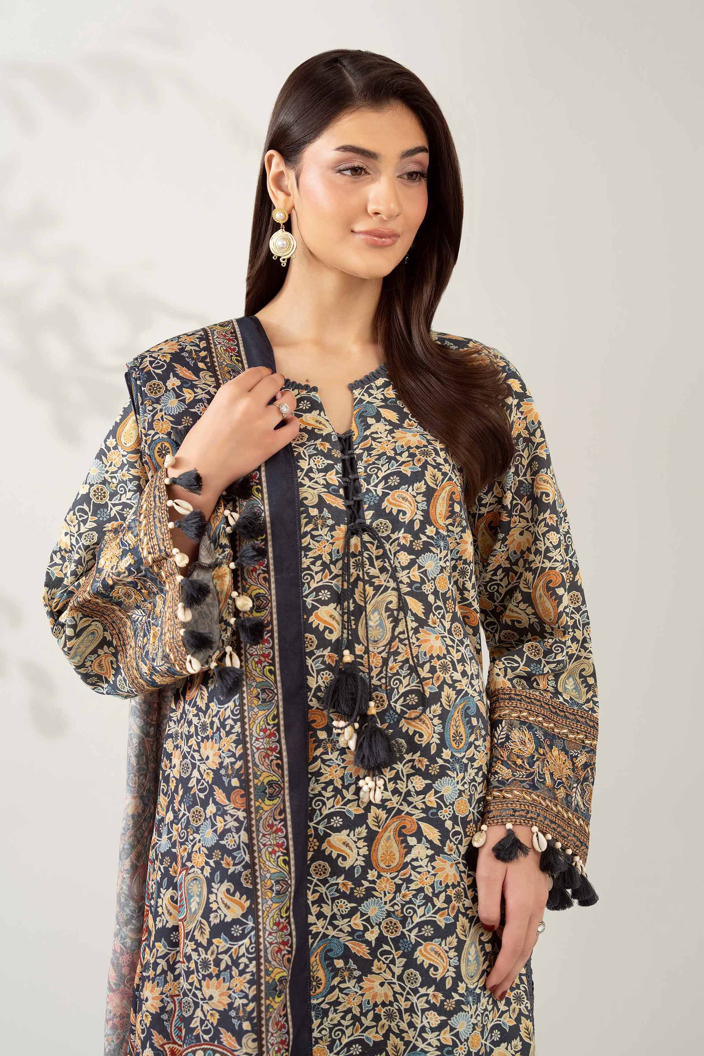 NISHATUAE - Black Embroidered Khaddar 3-piece Unstitched Suit