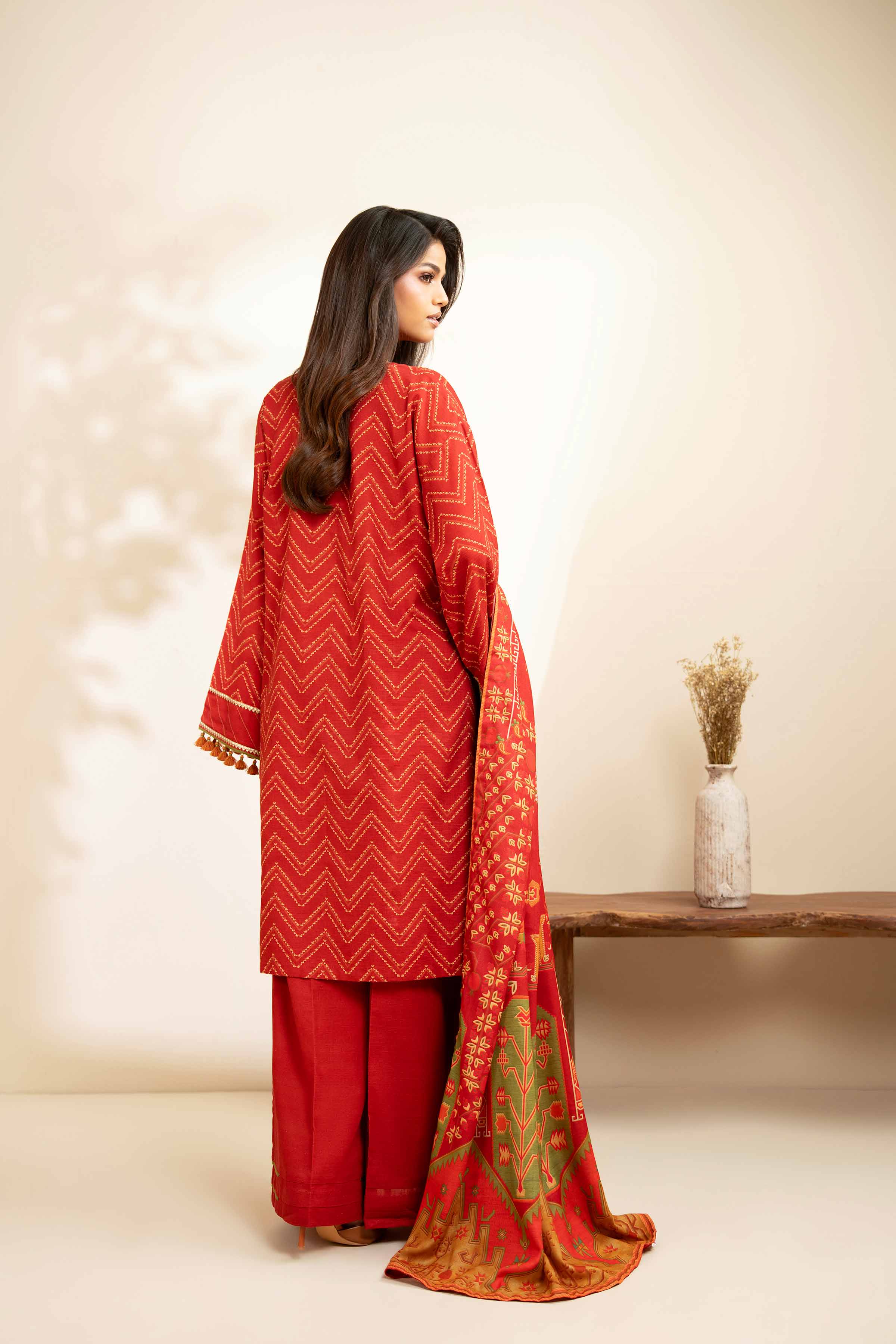 NISHATUAE - Red Embroidered Khaddar 3-piece Unstitched Suit