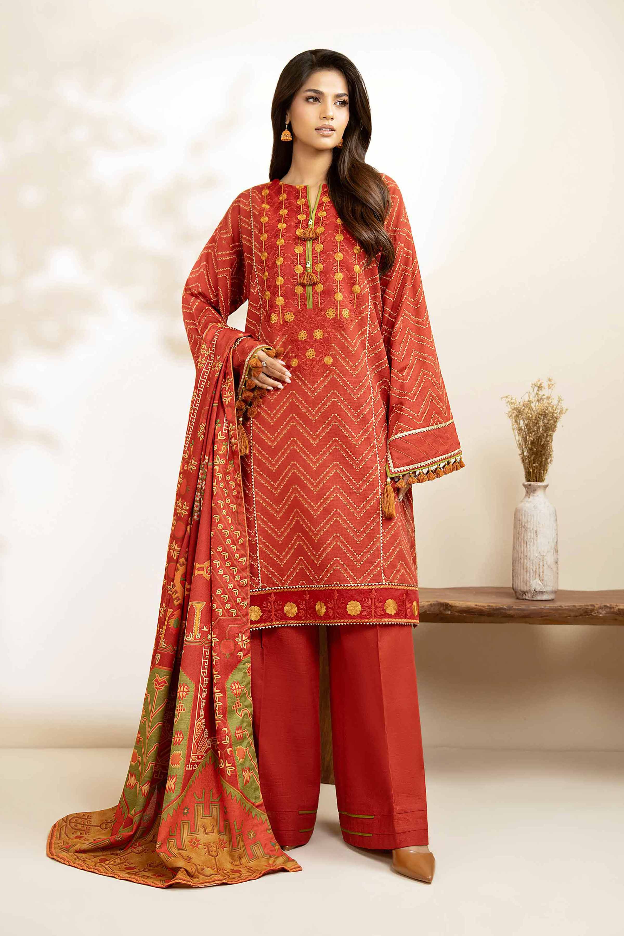 NISHATUAE - Red Embroidered Khaddar 3-piece Unstitched Suit