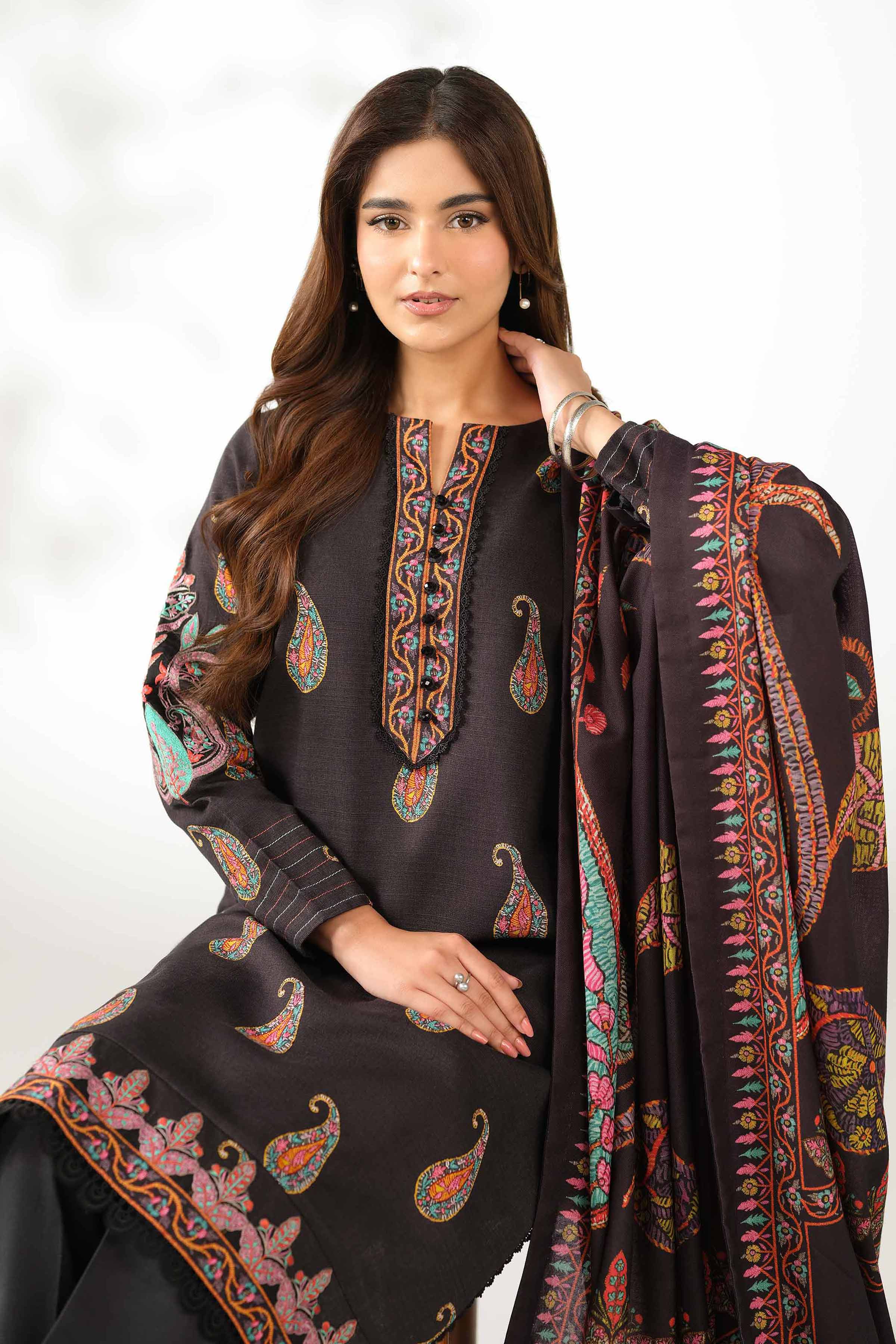 NISHATUAE - Black Embroidered Khaddar 3-piece Unstitched Suit