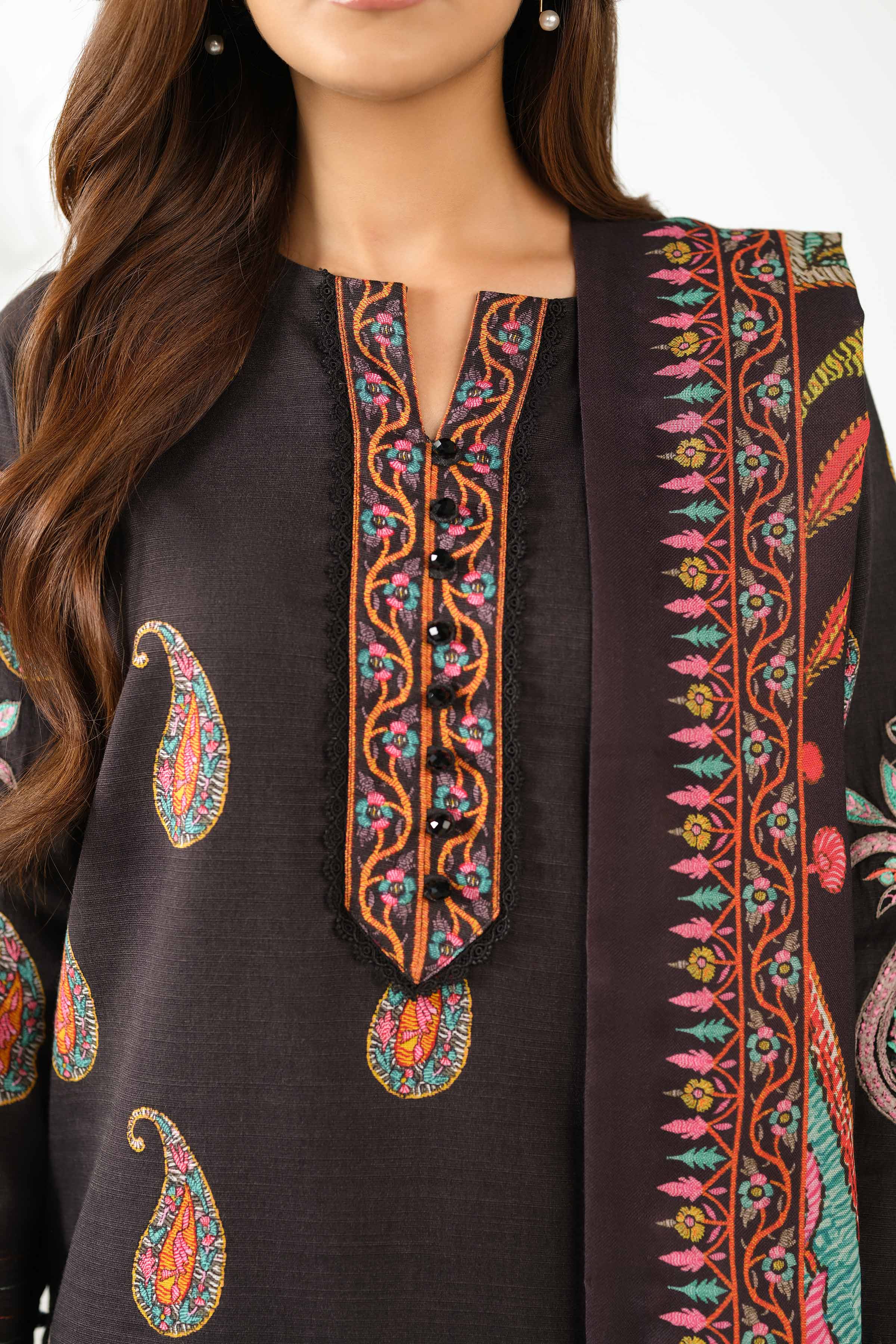 NISHATUAE - Black Embroidered Khaddar 3-piece Unstitched Suit
