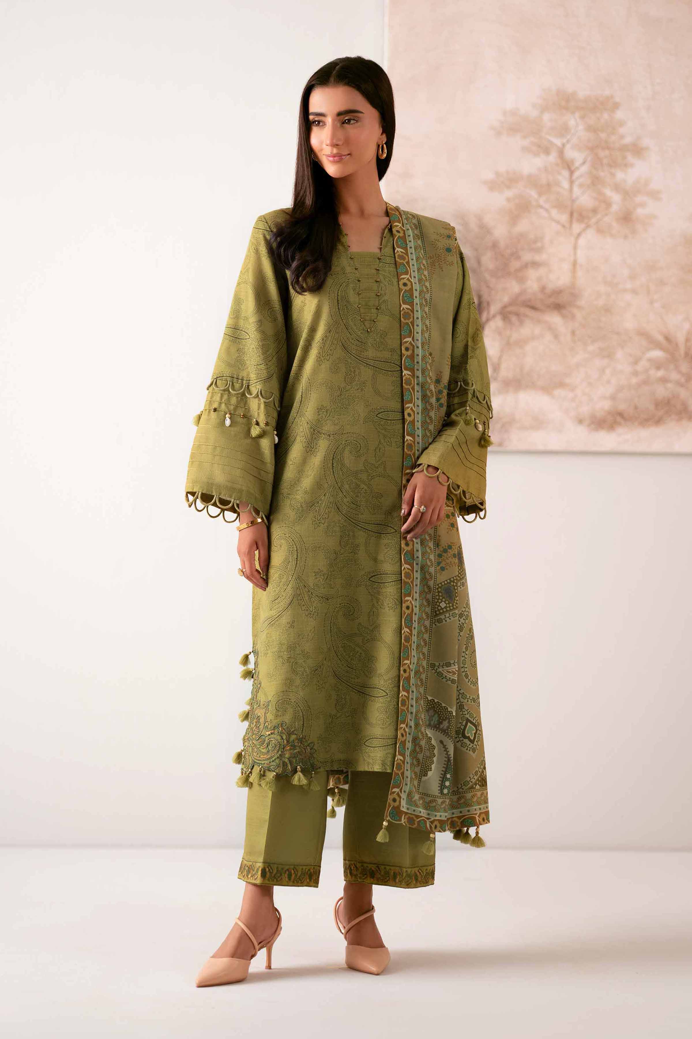 NISHATUAE - Green Embroidered Khaddar 3-piece Unstitched Suit