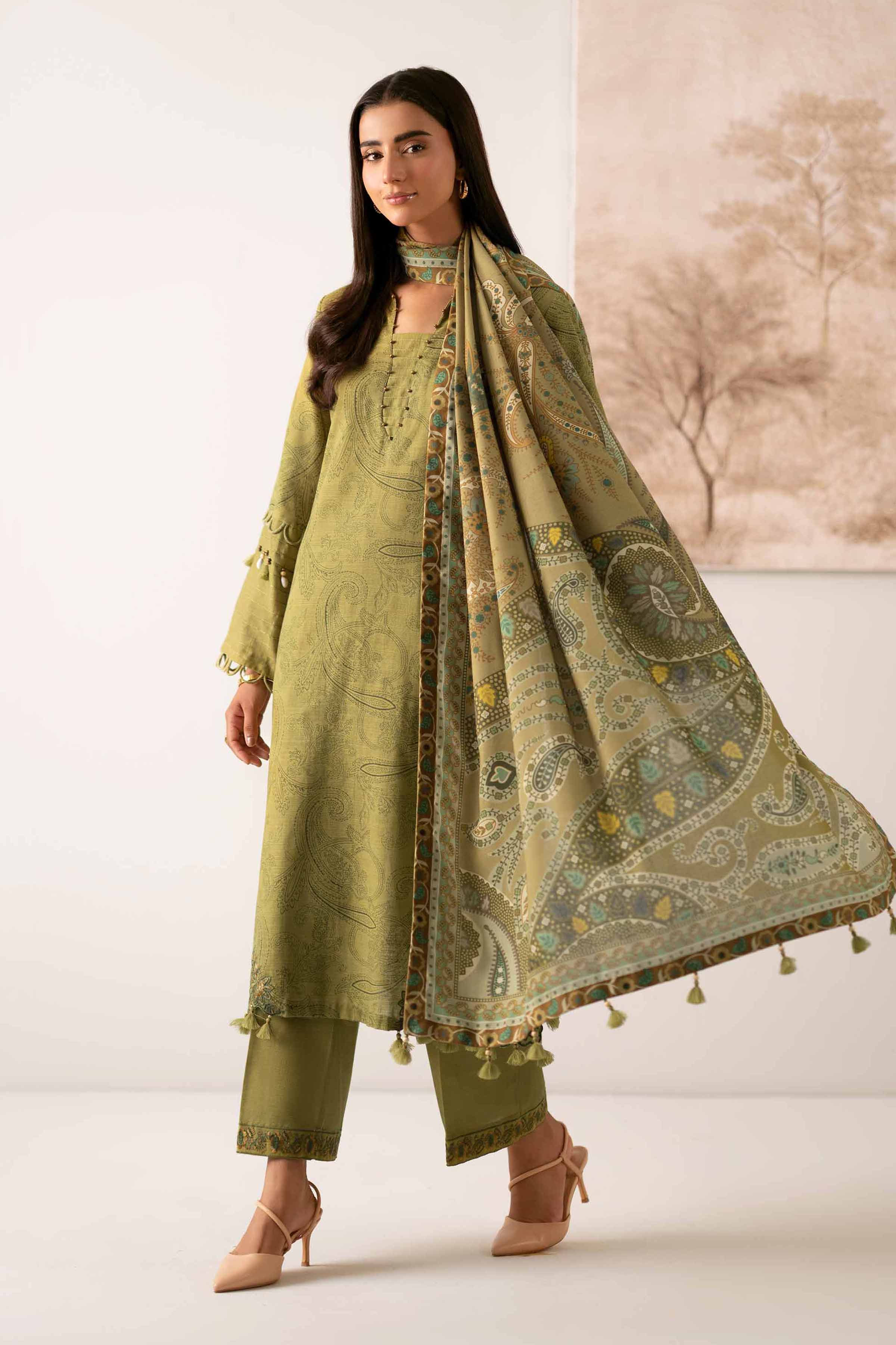 NISHATUAE - Green Embroidered Khaddar 3-piece Unstitched Suit