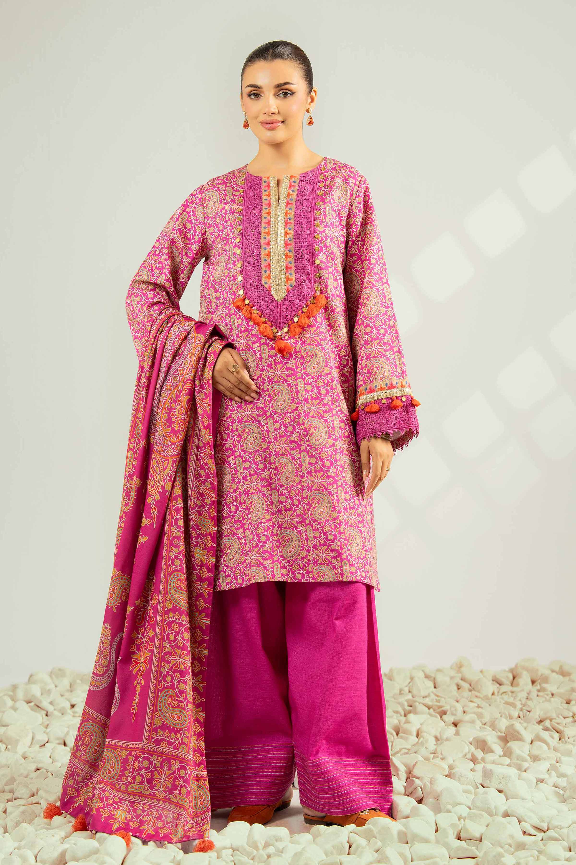NISHATUAE - Pink Printed Khaddar 3-piece Unstitched Suit