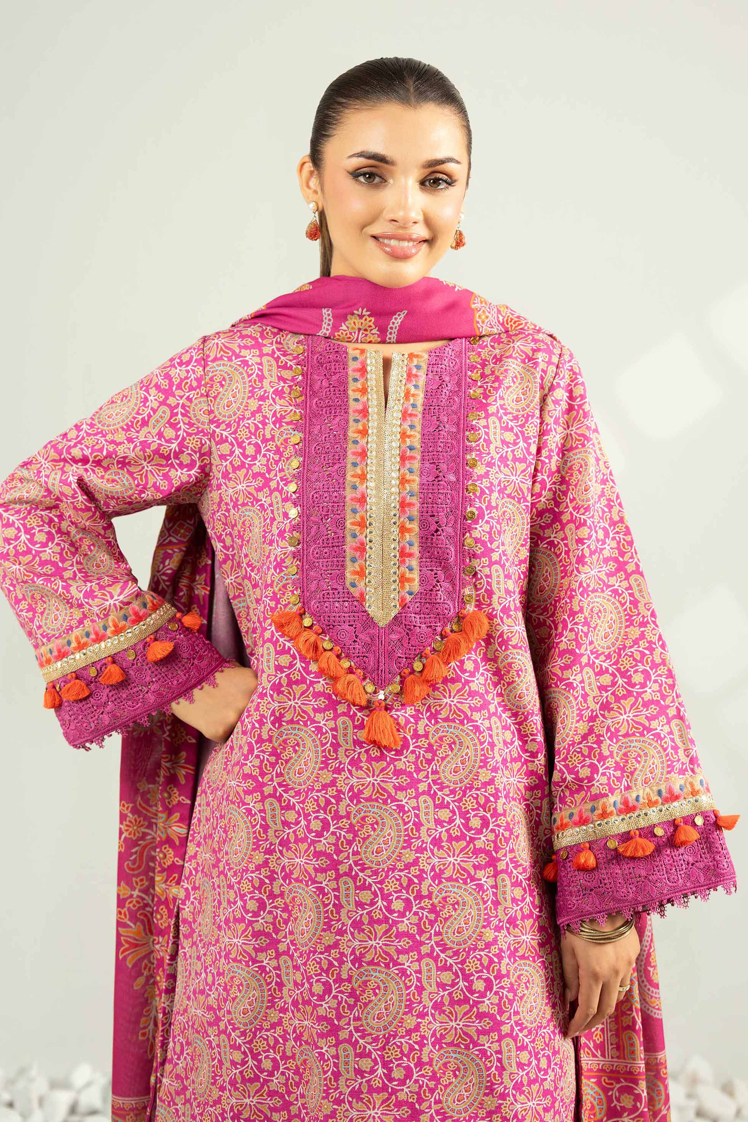 NISHATUAE - Pink Printed Khaddar 3-piece Unstitched Suit