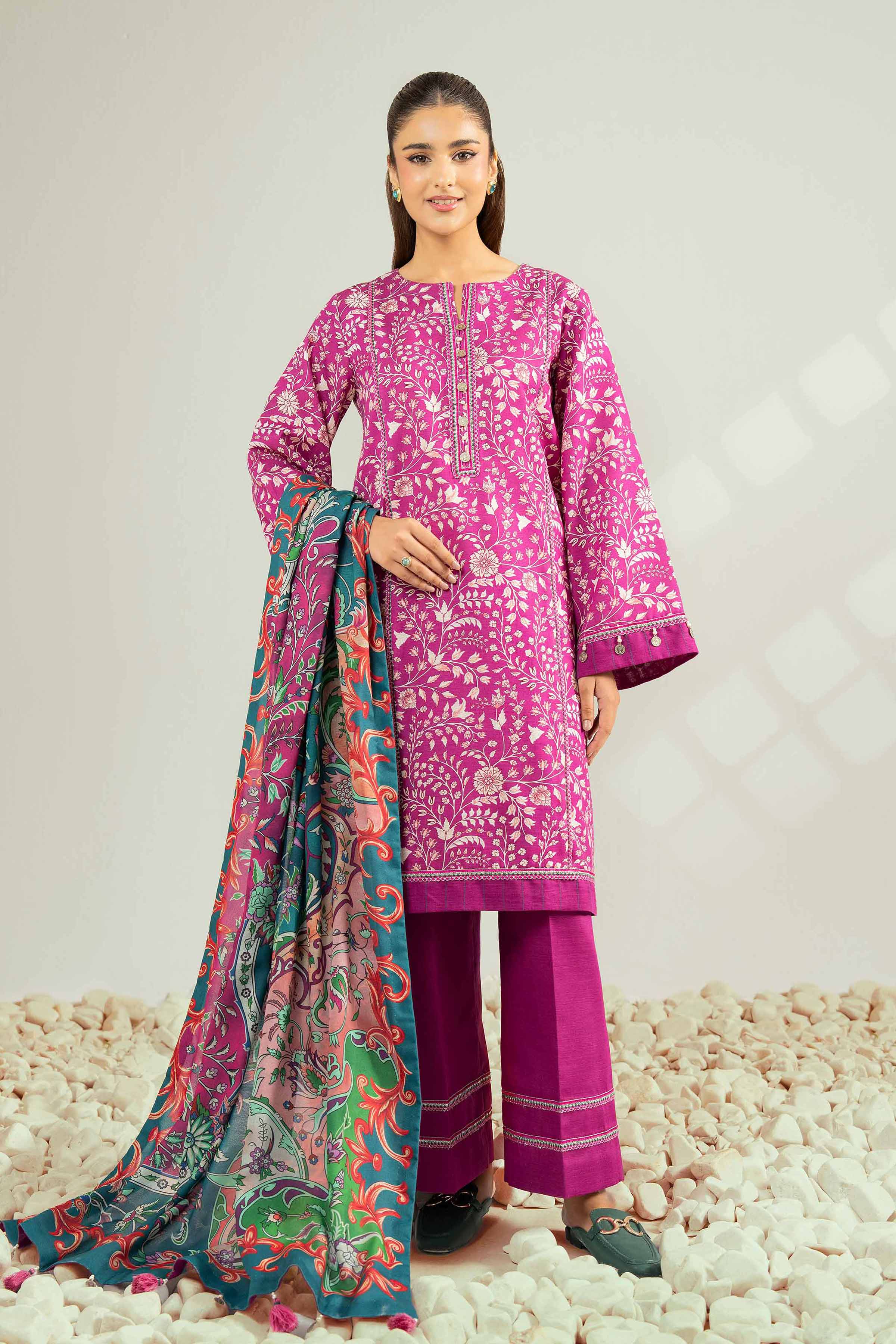 NISHATUAE - Maroon Printed Khaddar 3-piece Unstitched Suit