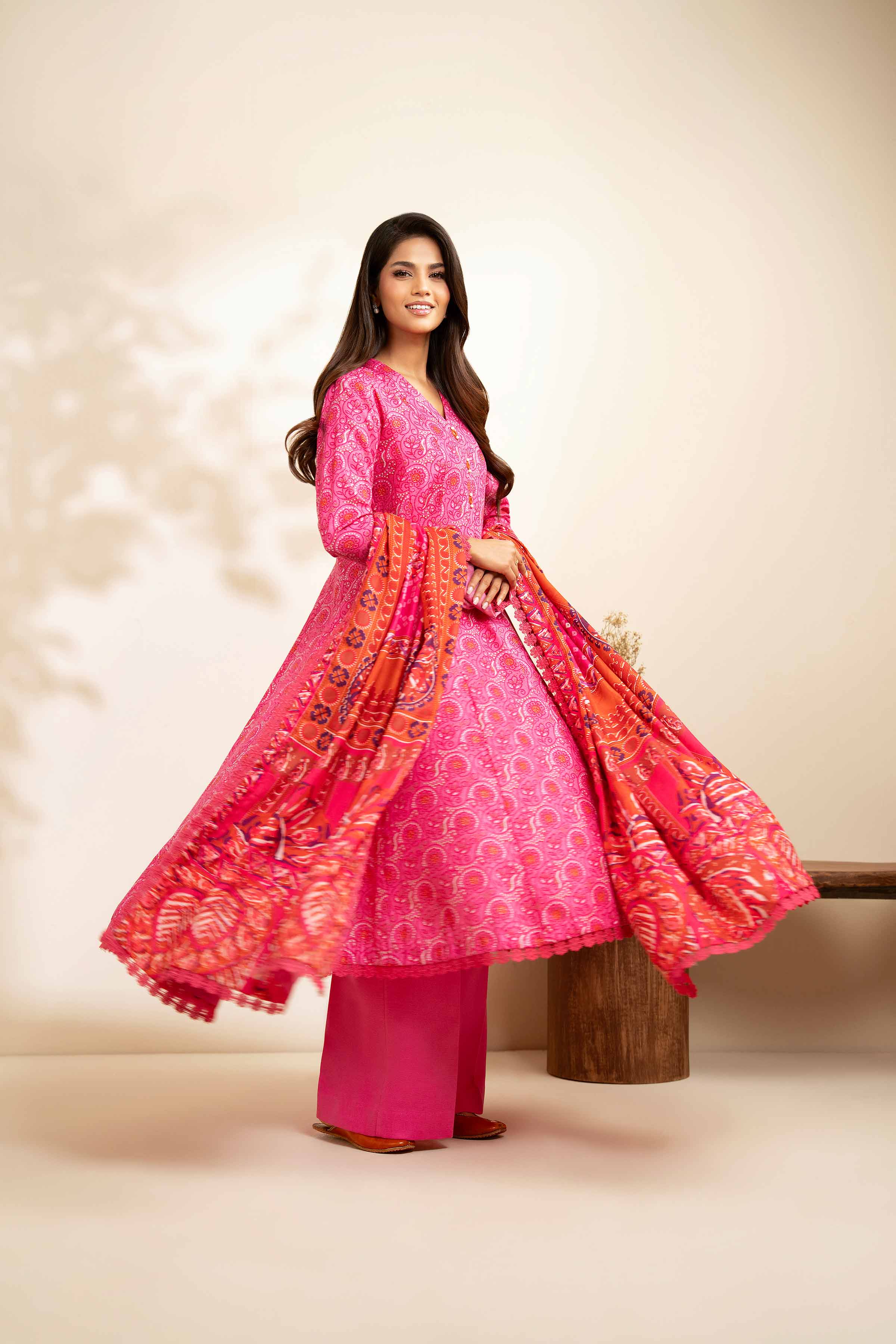 NISHATUAE - Pink Printed Khaddar 3-piece Unstitched Suit
