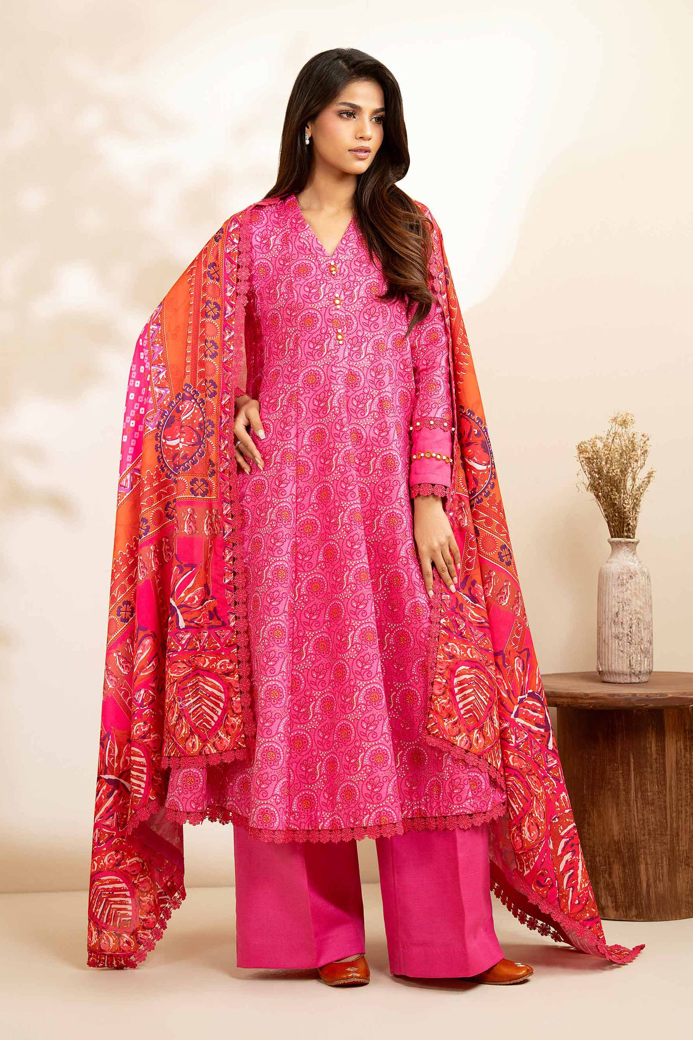 NISHATUAE - Pink Printed Khaddar 3-piece Unstitched Suit