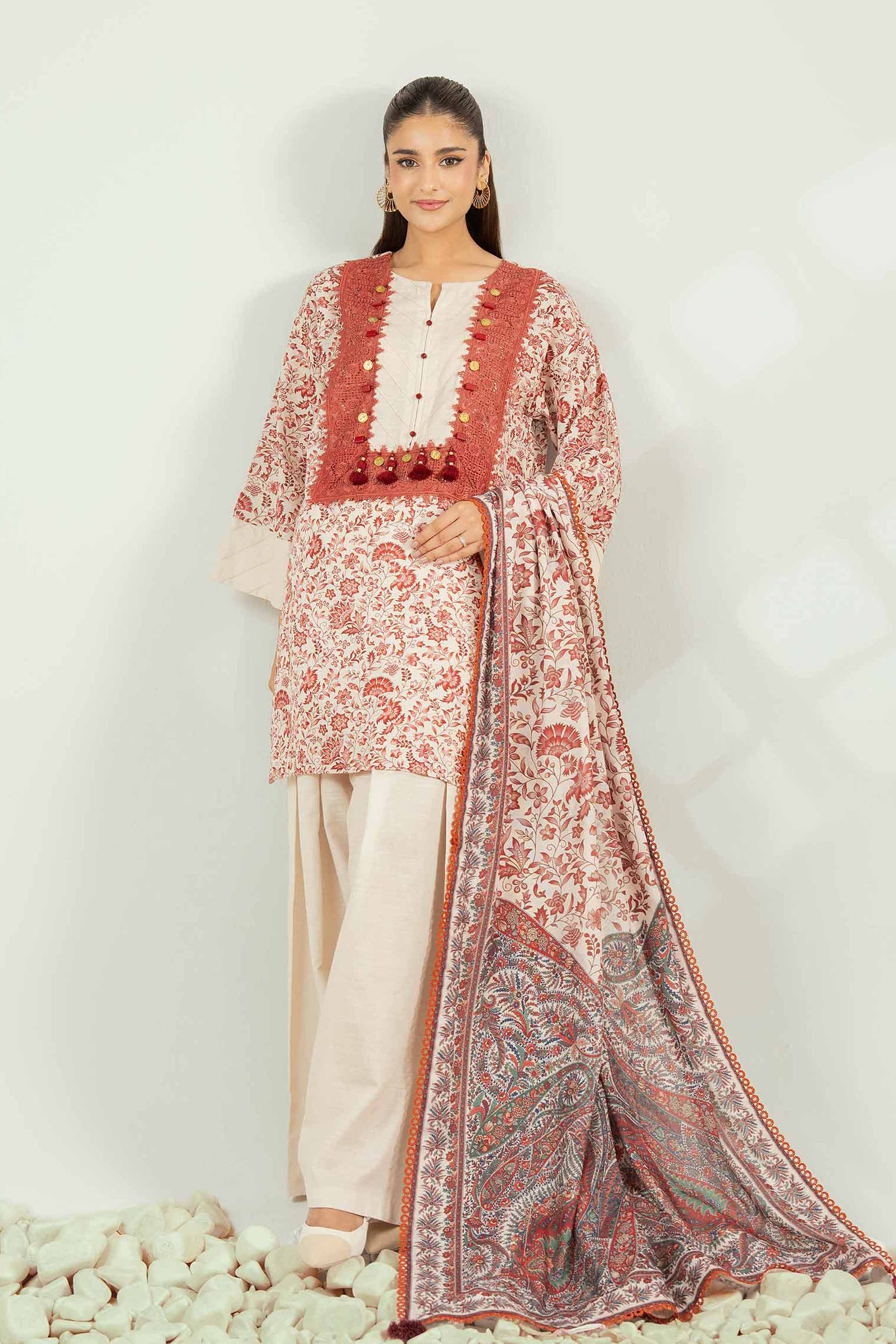 NISHATUAE - Beige Printed Khaddar 3-piece Unstitched Suit
