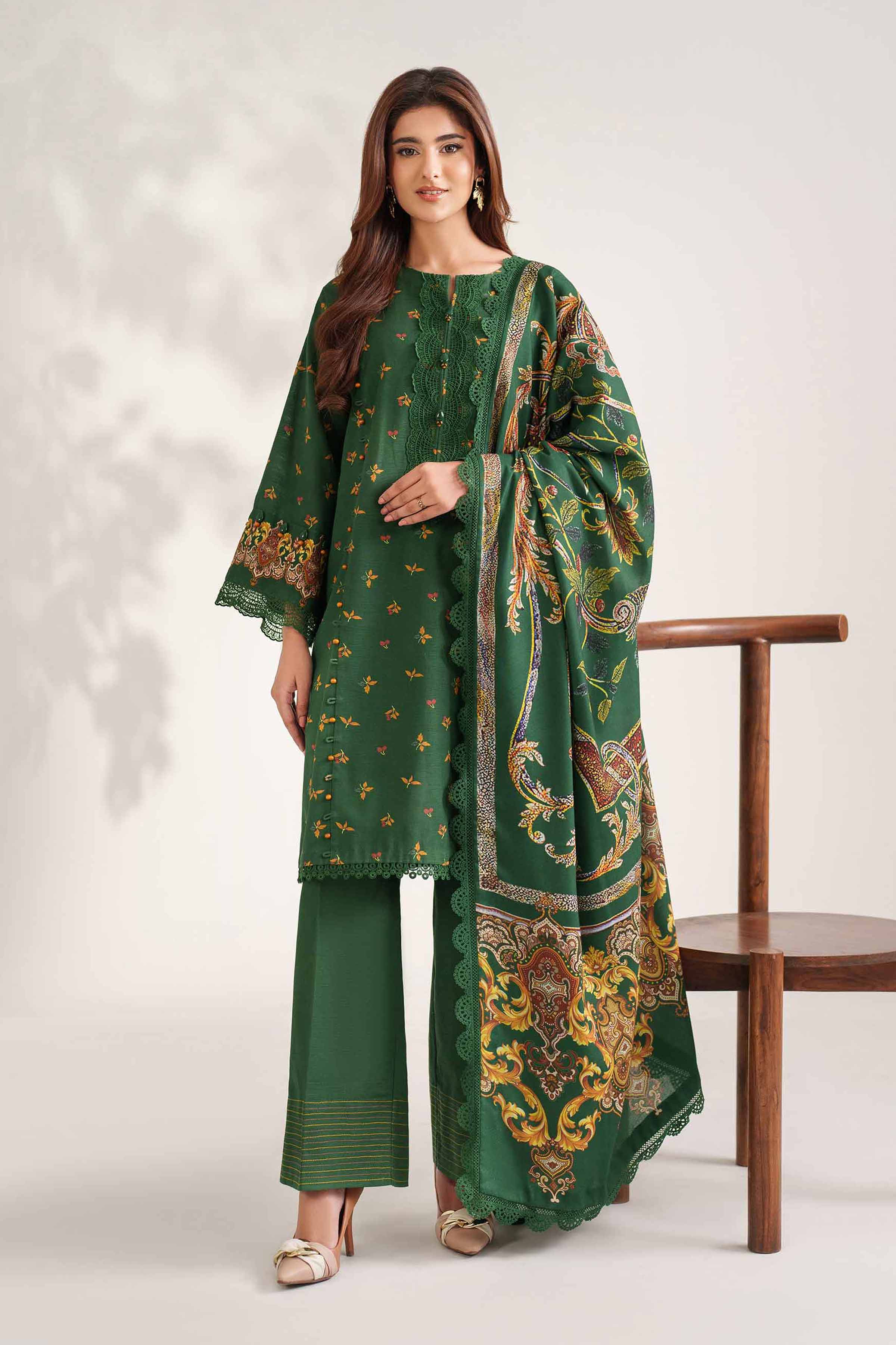 NISHATUAE - Green Printed Khaddar 3-piece Unstitched Suit