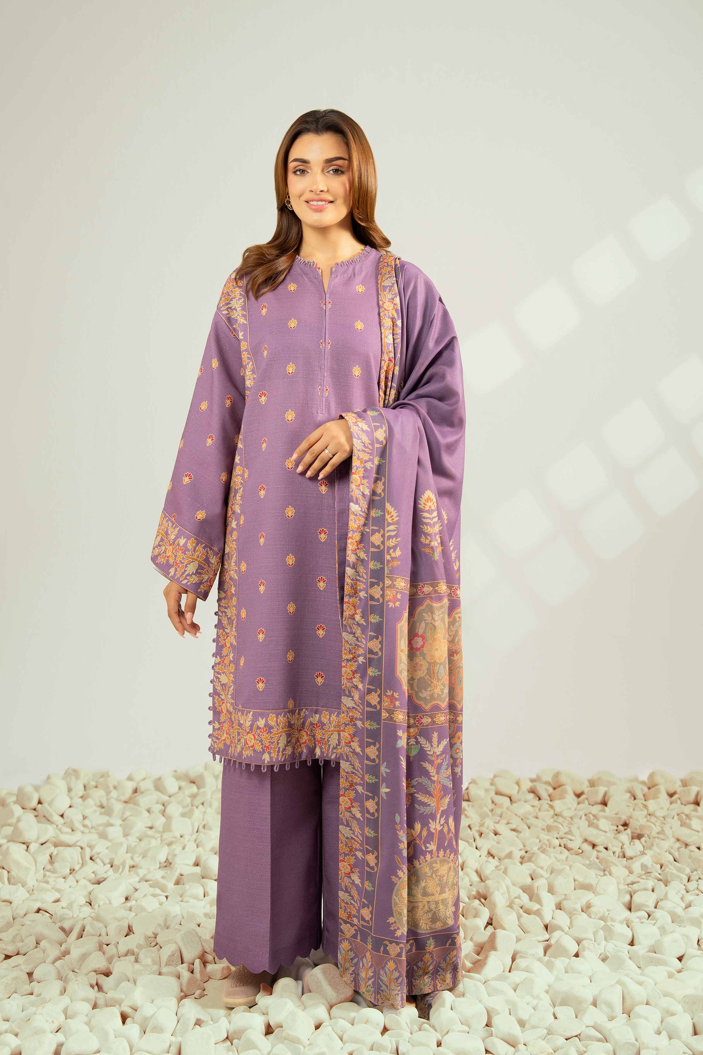 NISHATUAE - Purple Printed Khaddar 3-piece Unstitched Suit