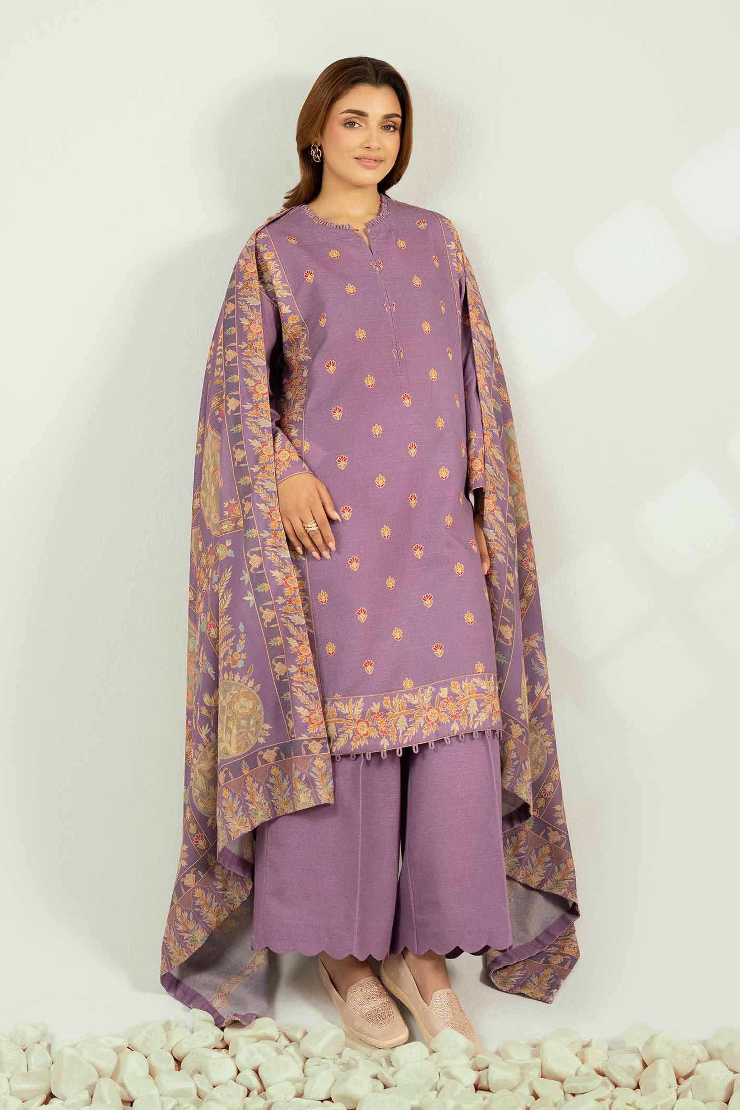 NISHATUAE - Purple Printed Khaddar 3-piece Unstitched Suit