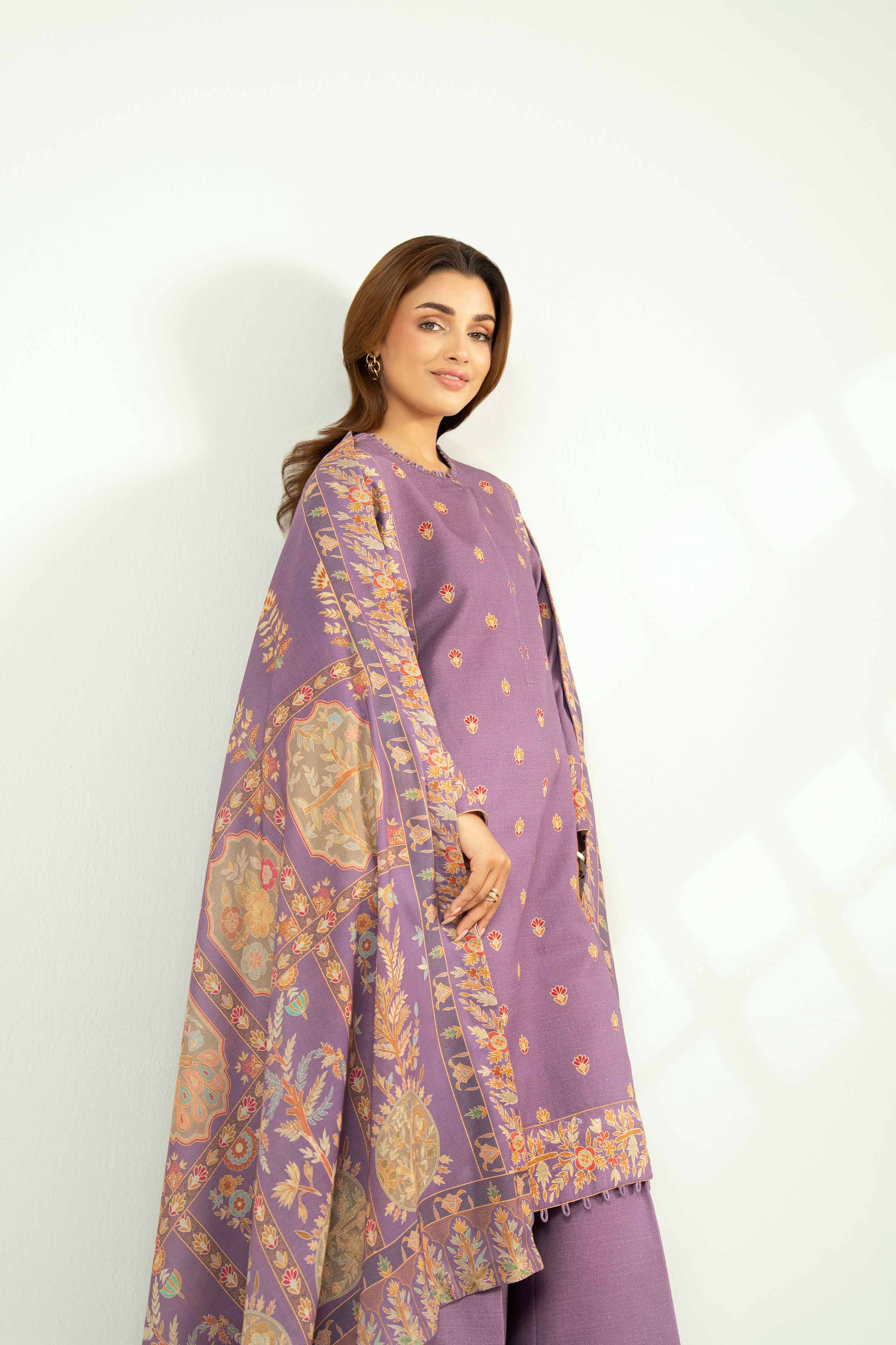 NISHATUAE - Purple Printed Khaddar 3-piece Unstitched Suit