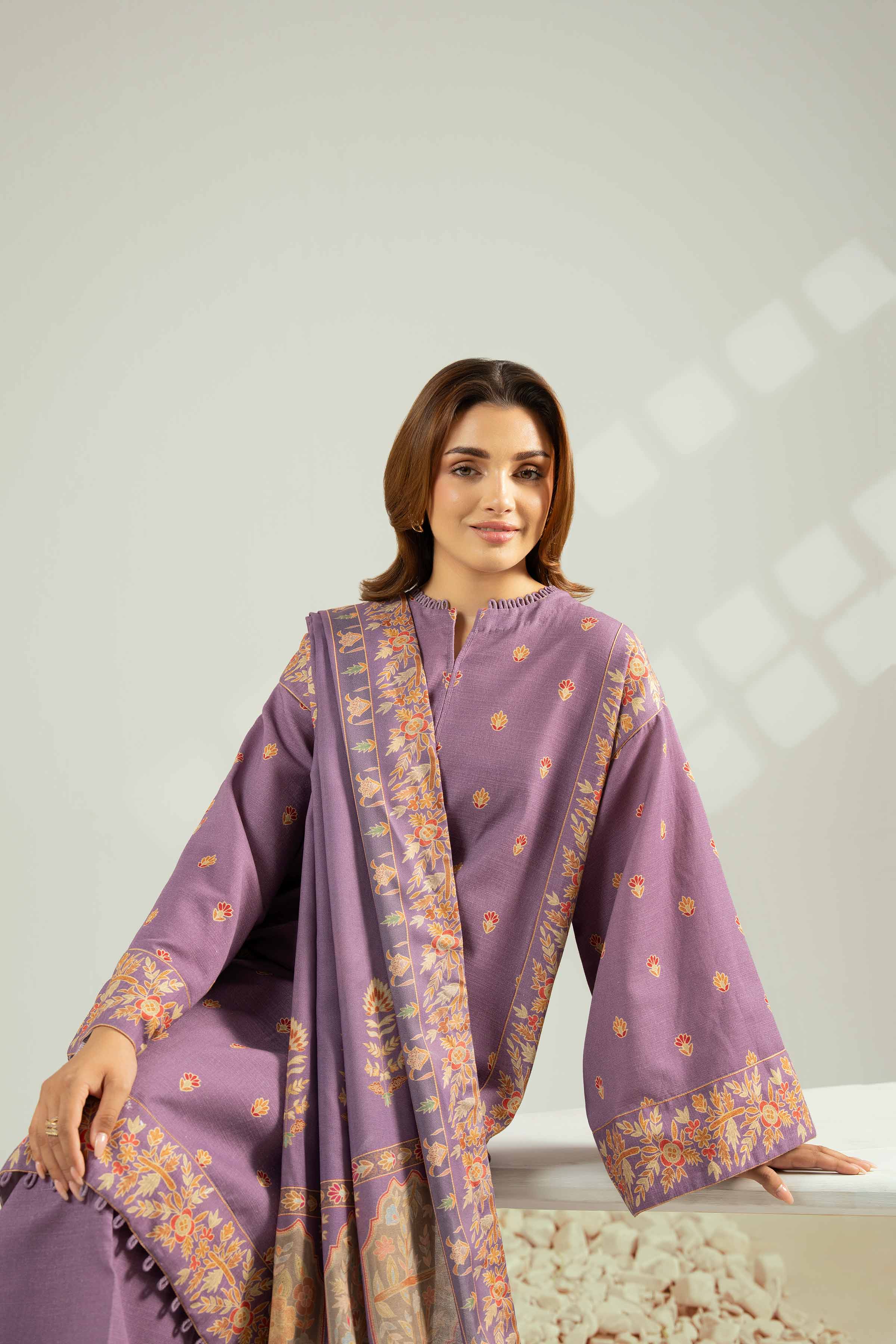 NISHATUAE - Purple Printed Khaddar 3-piece Unstitched Suit